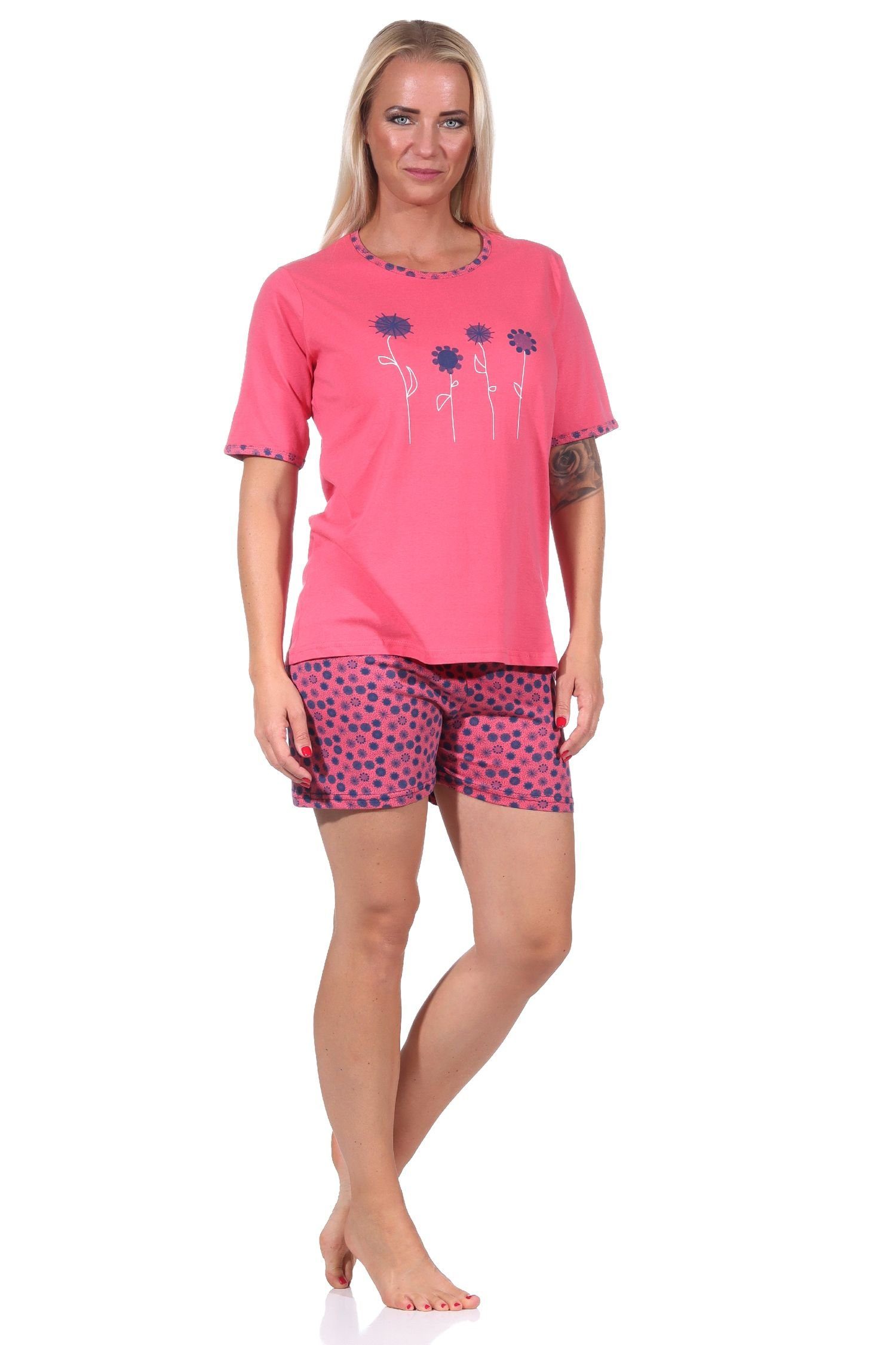RELAX by Normann Pyjama Damen kurzarm Shorty Schlafanzug in floraler Optik und kurzer Hose pink