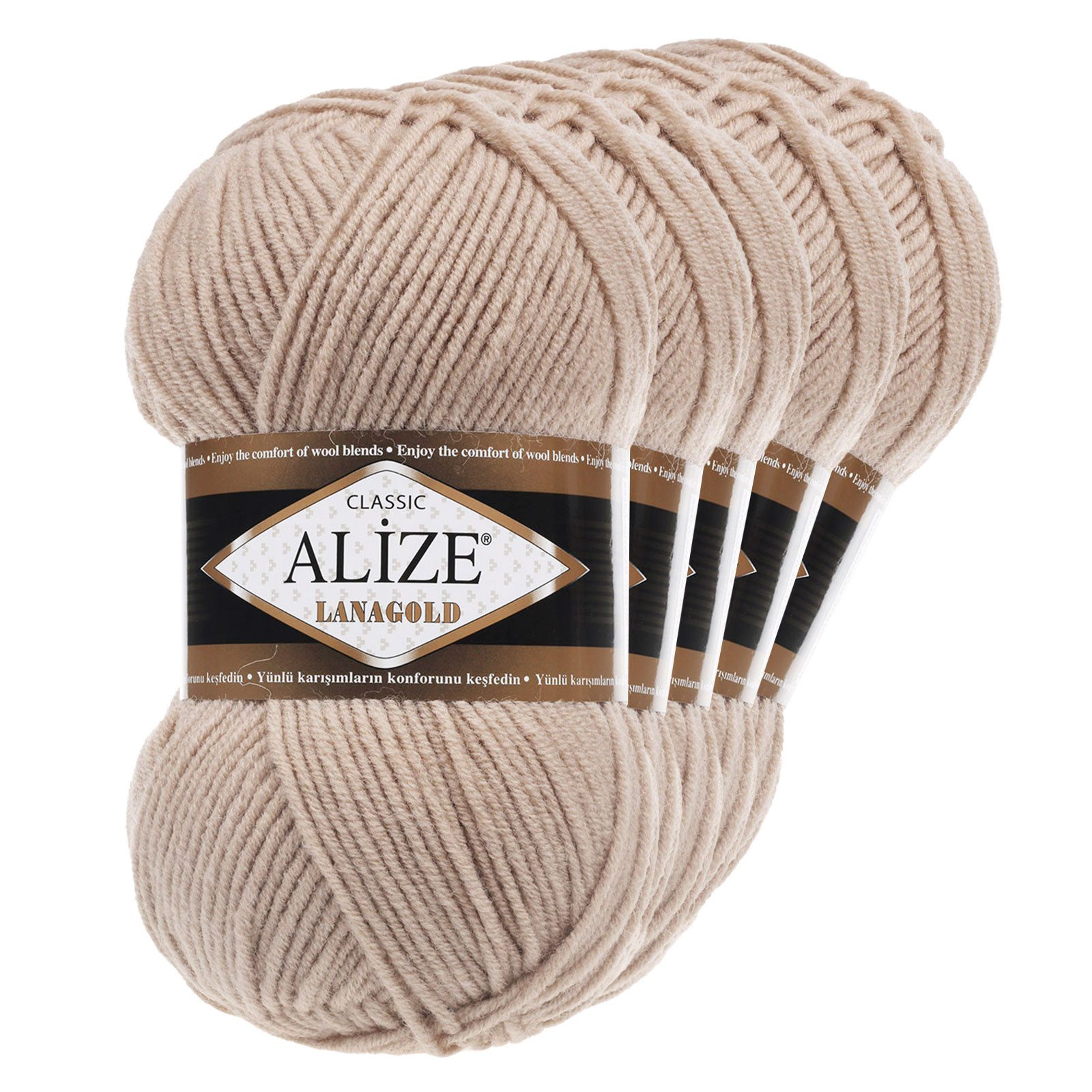Alize 5 x 100 g ALIZE Lanagold 49% Wolle Strickgarn Winterwolle Schurwolle Häkelwolle, 240 m, sand