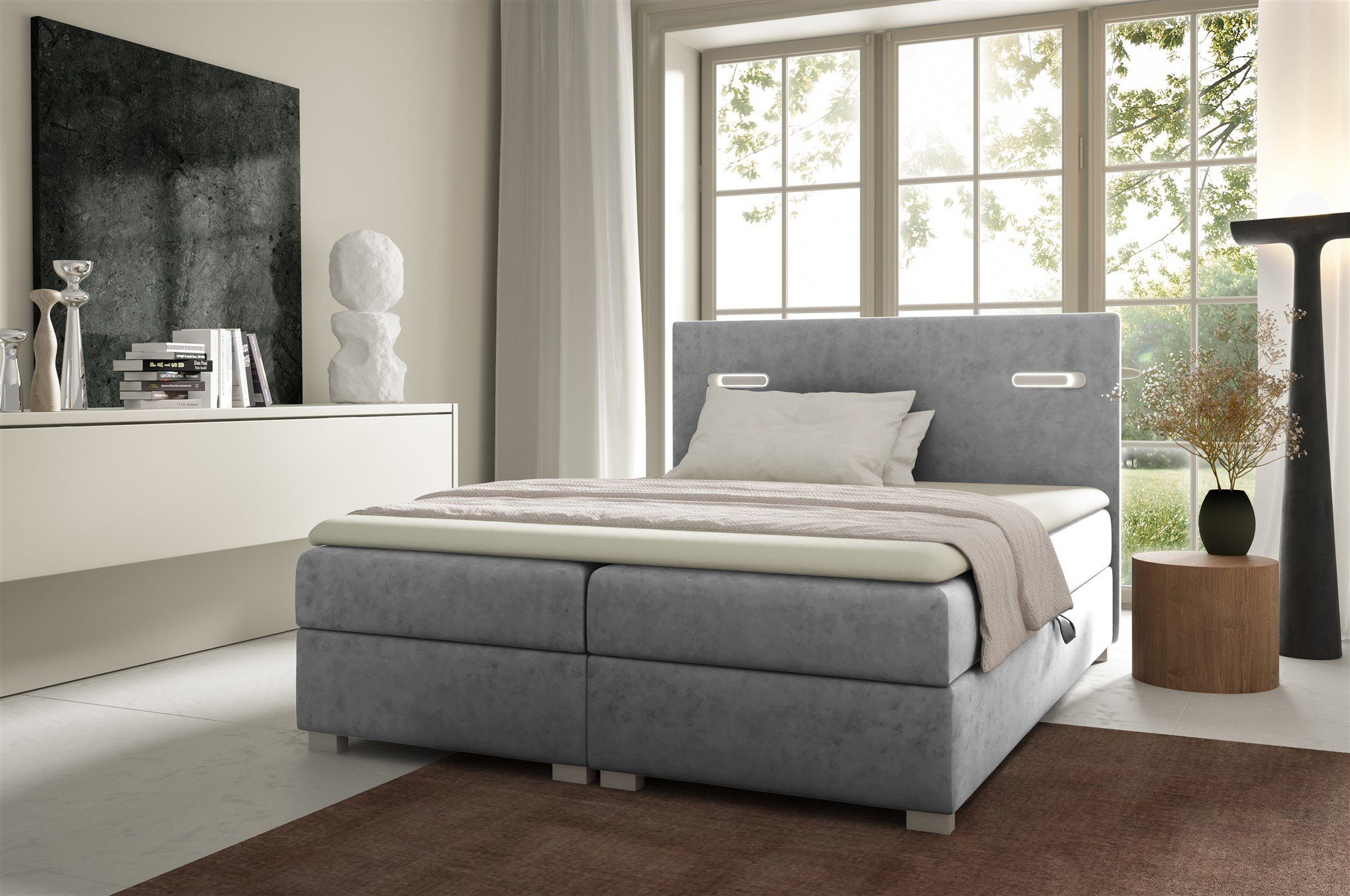 Fun Möbel Boxbett Schlafzimmerbett CAPRICE Überlänge in Stoff (inkl. 2 x Bettkasten und Topper, Ambiente-Beleuchtung mit Touch Funktion), Gepolstertes Kopfteil