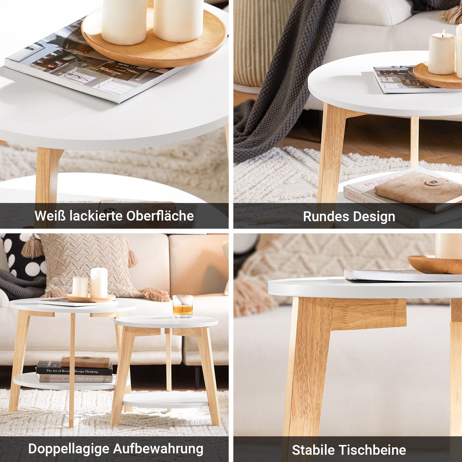 SoBuy Satztisch FBT75, Wohnzimmertisch viel Stauraum, rund, (2er Set), Beistelltisch Couchtisch Sofatisch Satztisch, Wohnzimmer – Bild 5 von 5