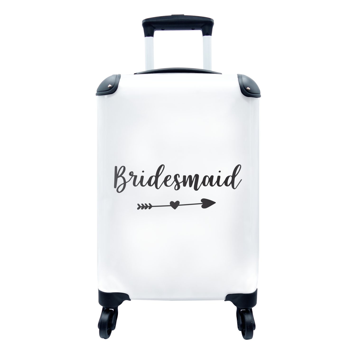 MuchoWow Handgepäckkoffer Pfeil durch ein Herz mit dem Wort "Bridesmaid" auf einem weißen, 4 Rollen, Reisetasche mit rollen, Handgepäck für Ferien, Trolley, Reisekoffer