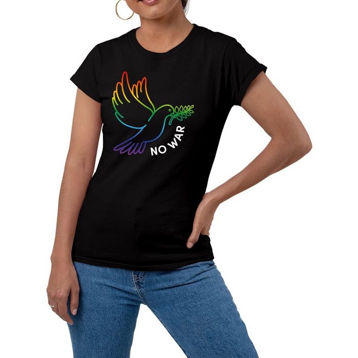 Alsino Kurzarmshirt Gegen Krieg "No War" T-Shirt - Friedenstaube Regenbogen - für Damen