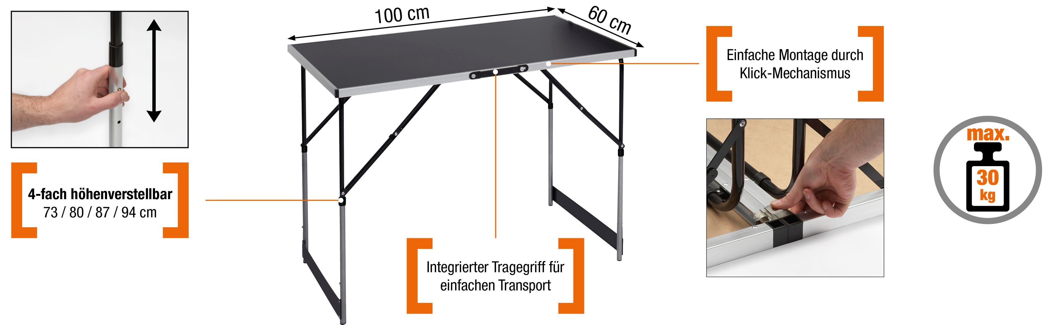 meister Beistelltisch 30 kg höhenverstellbar, (100 cm) x Klappfunktion - 60 je 4-fach Tragkraft Tisch