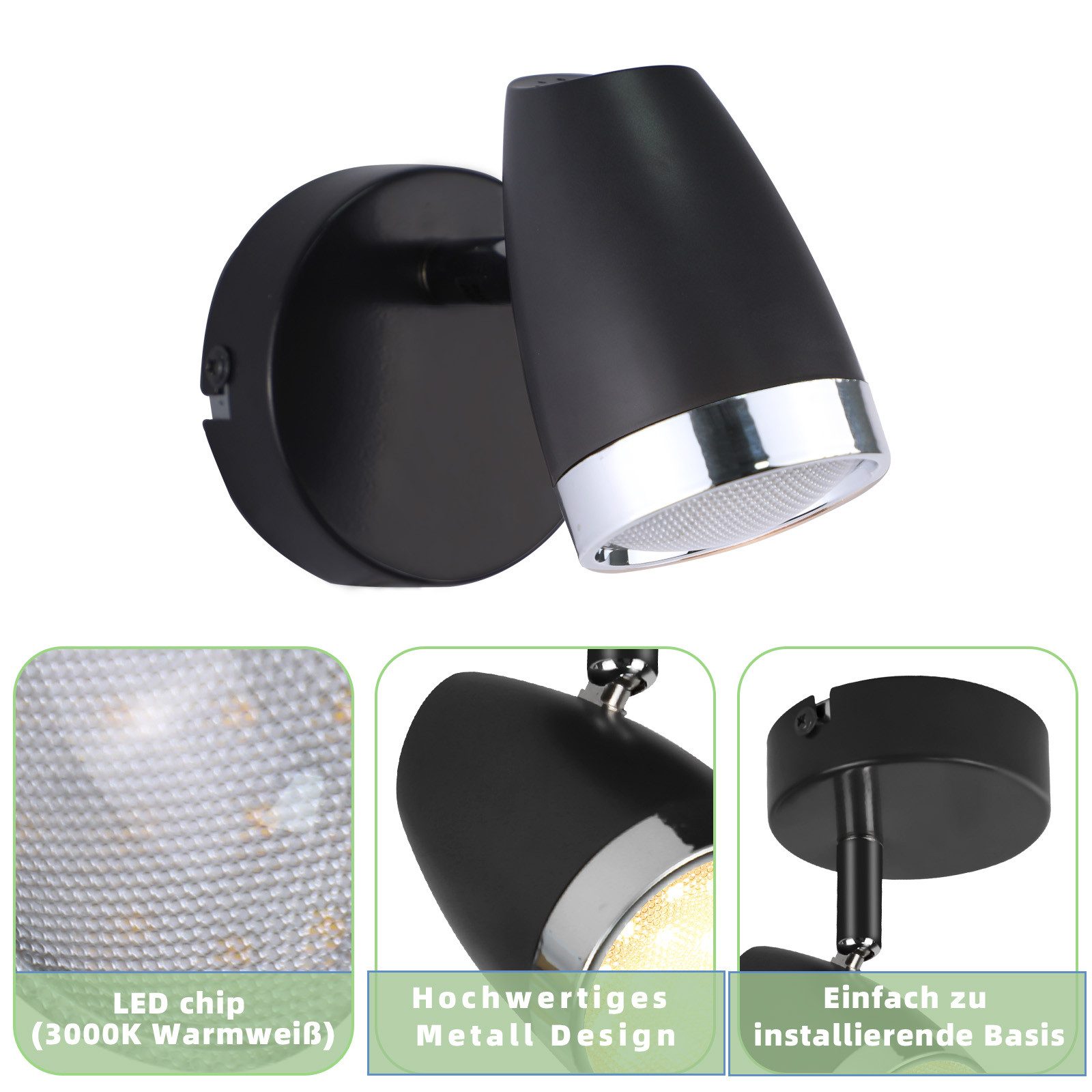 ZMH Deckenstrahler 1/2/3/4 Flammig 4/6/12/16W Deckenlampe schwenkbar 350° Wohnzimmer, Augenschutz, Einfache Installtion, LED fest integriert, Warmweiß, Schwarz 3000K schwenkbar 350° Deckenspot Flur Schlafzimmer