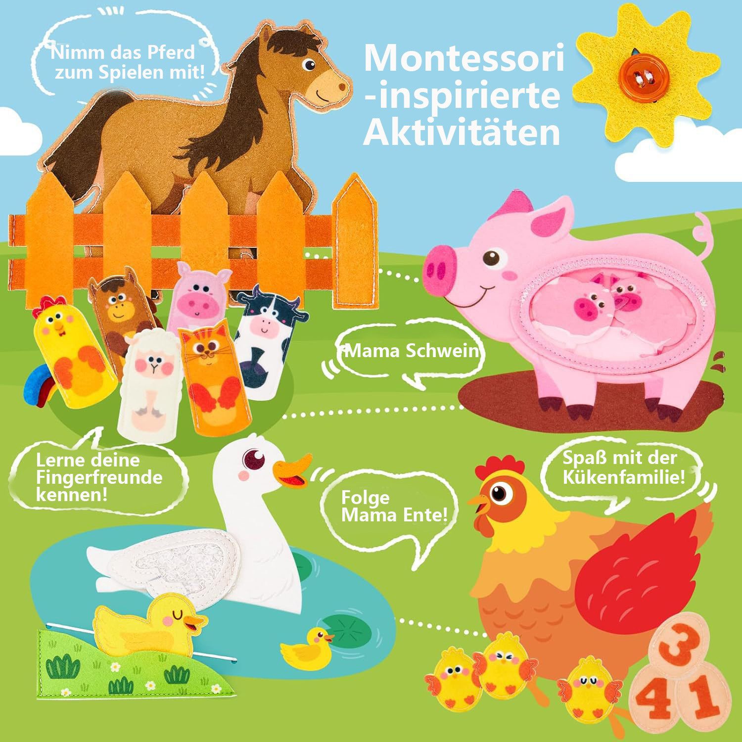 MINISO Lernspielzeug Busy Board für Kinder - Activity Board Montessori Spielzeug, (Motorik Lernspielzeug 3D Filz Bauernhof Quiet Book Book)ab 1 5 Jahr – Bild 3 von 5