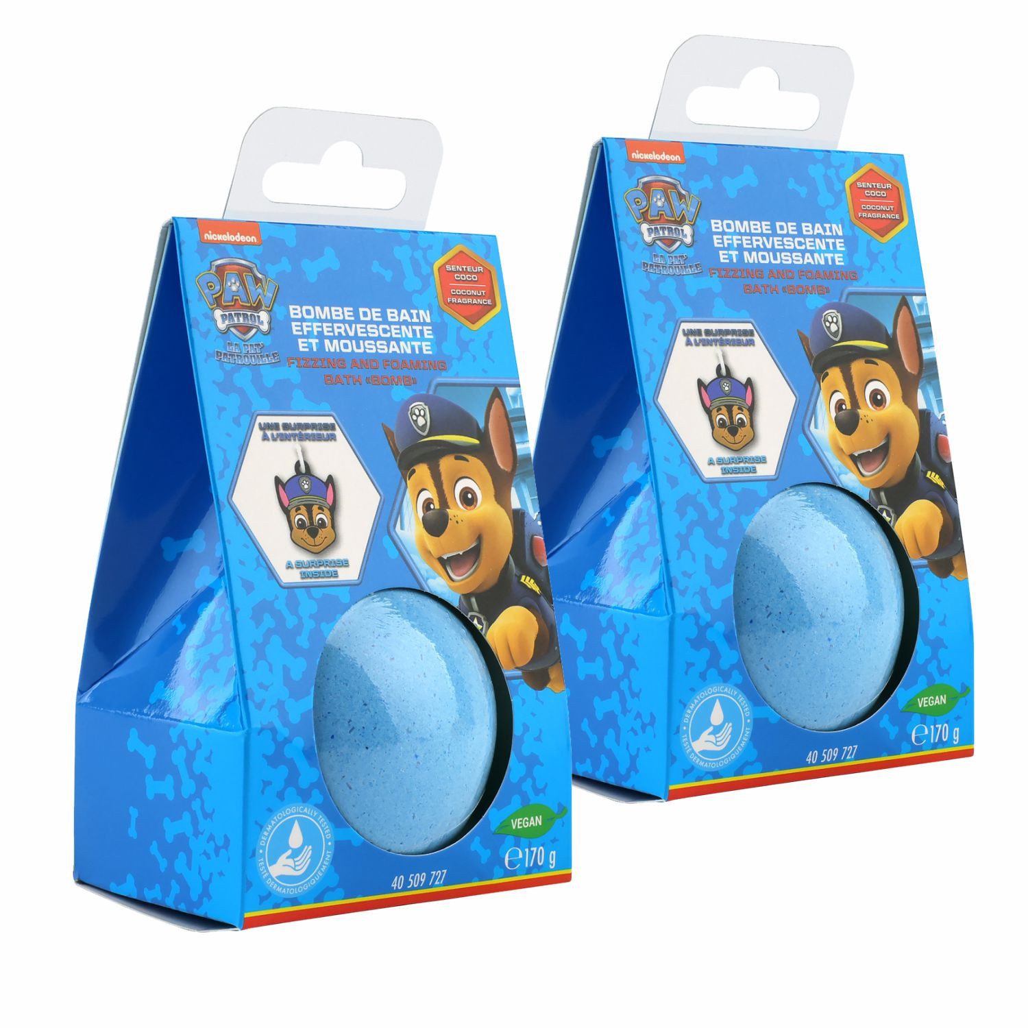 HF Home Flair Badekugel 2x Paw Patrol Badebombe - große Badekugel Chase mit Überraschung, 2-tlg., blaue Badekugel - Kokosduft - Vegan- 170g
