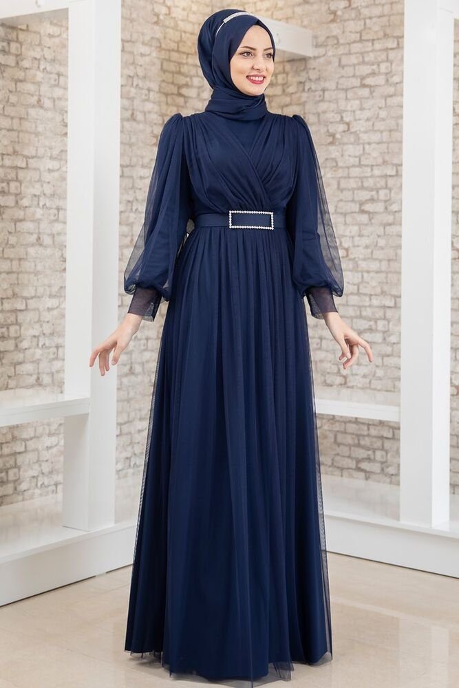 Modavitrini Abendkleid Damen Tüllkleid Abiye Abaya Hijab Kleid langärmliges Maxikleid mit Gürtel Navy Blau