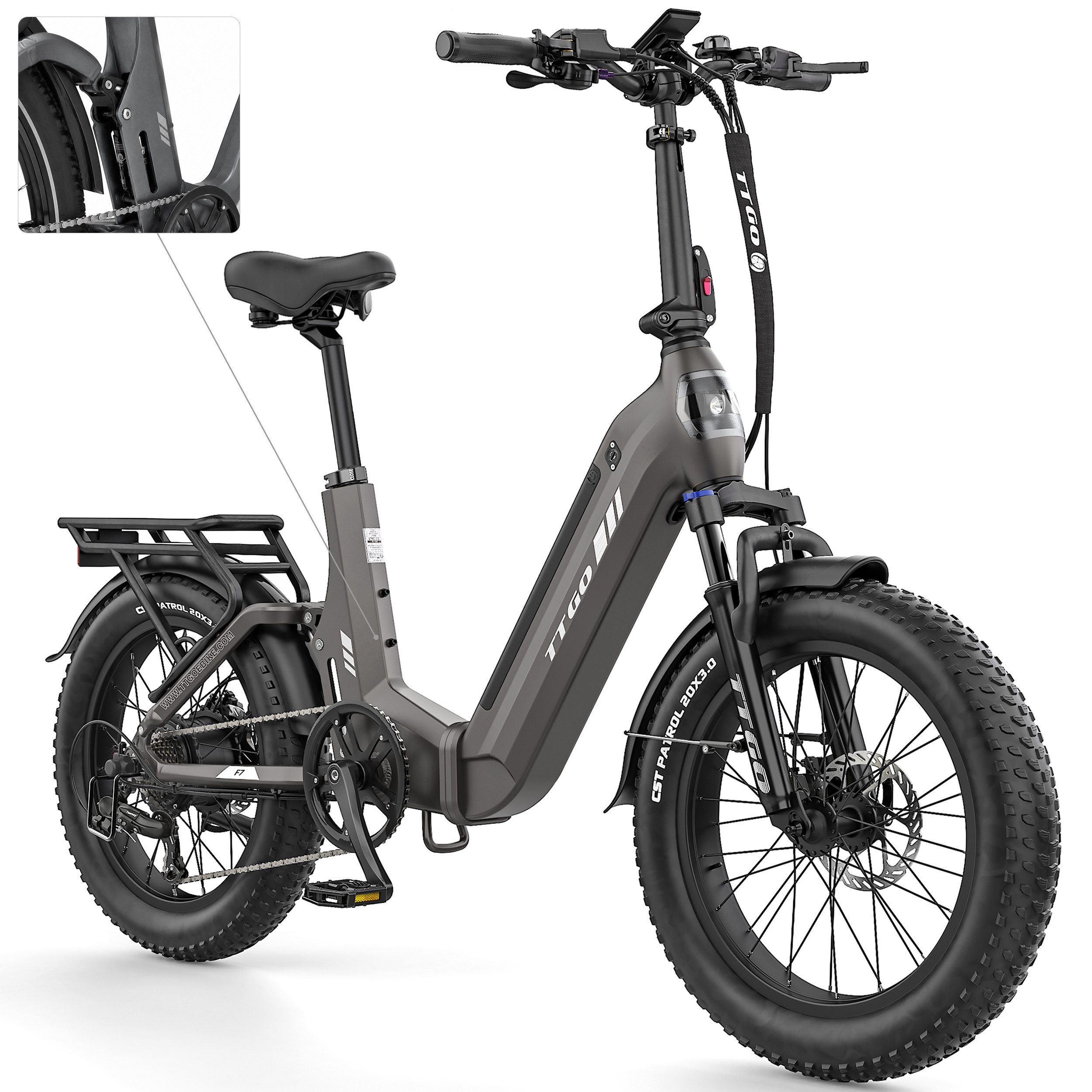 TTGO E-Bike Klapprad 20 Zoll, Fully, Vollfederung, 70Nm, 3,0'' Fatbike, Lockout-Federgabel, 7 Gang SHIMANO, Kettenschaltung, Heckmotor, 720 Wh, (Softtail, hydr. Scheibenbremse, mit Bremslicht), 120km, Drehmomentsensor, max.150kg, Elektrofahrrad für Damen Herren