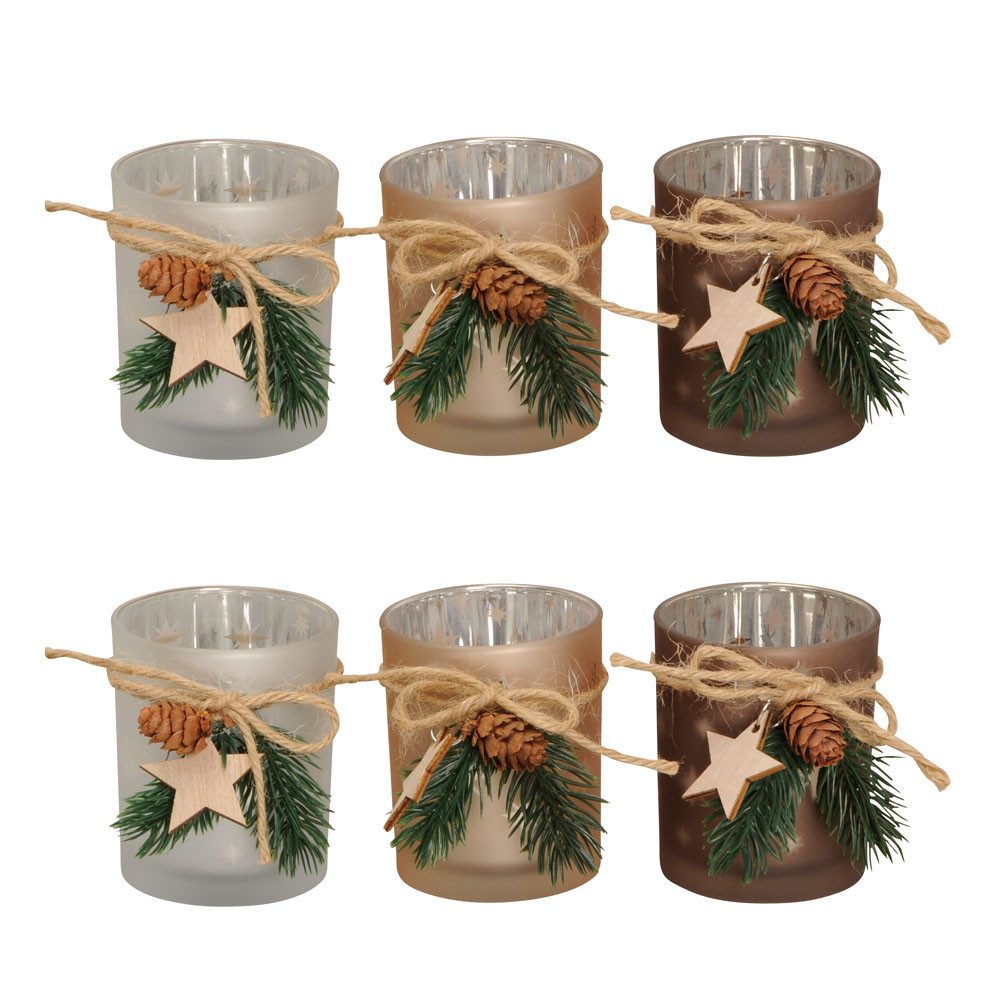 Posiwio Windlicht 6tlg. Windlicht HÜTTENZAUBER braun beige silber mit Stern Tanne Winter
