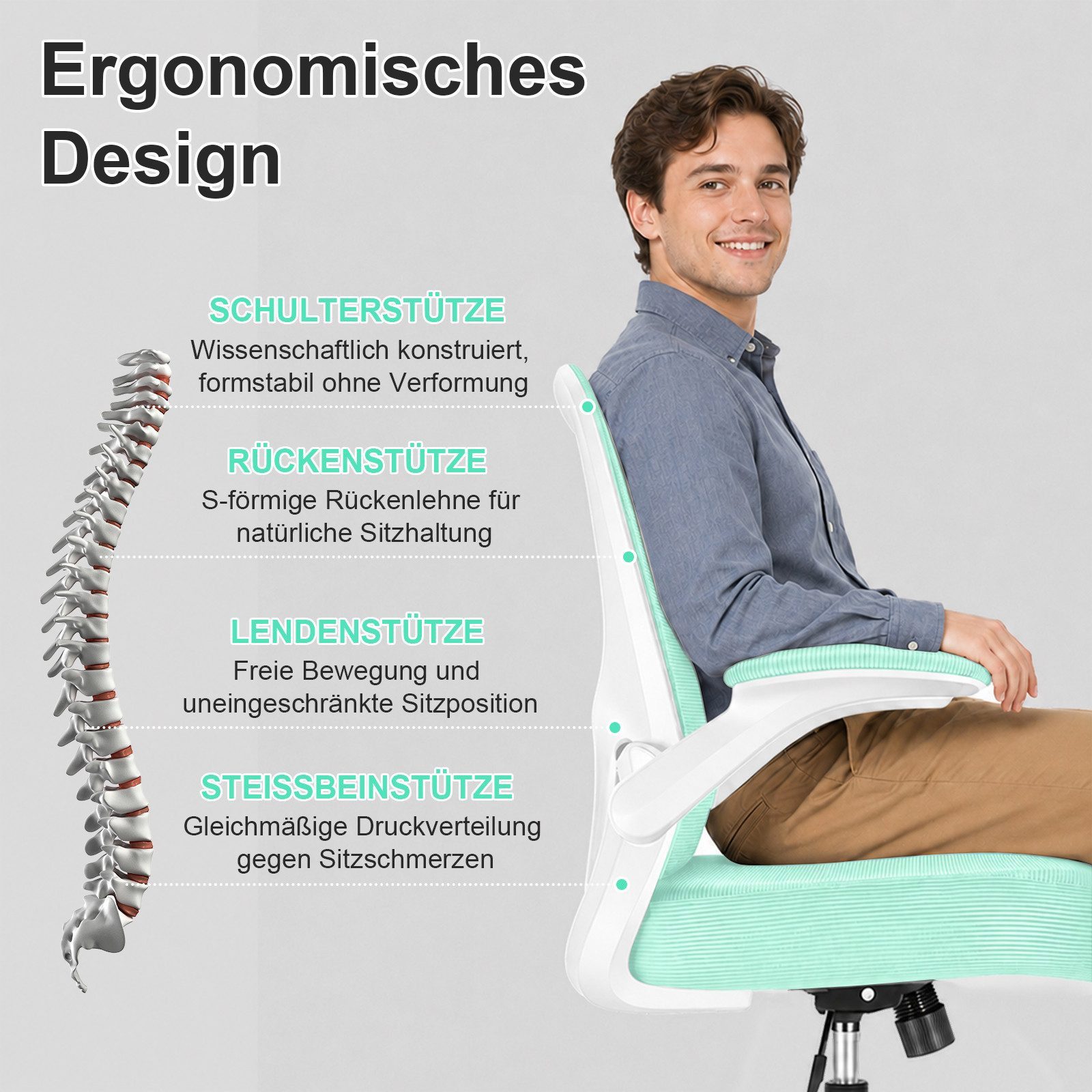 Durrafy Bürostuhl Ergonomischer Bürostuhl,Schreibtischstuhl mit klappbaren Armlehnen, Chefsessel mit 150 kg Tragfähigkeit – Bild 2 von 5