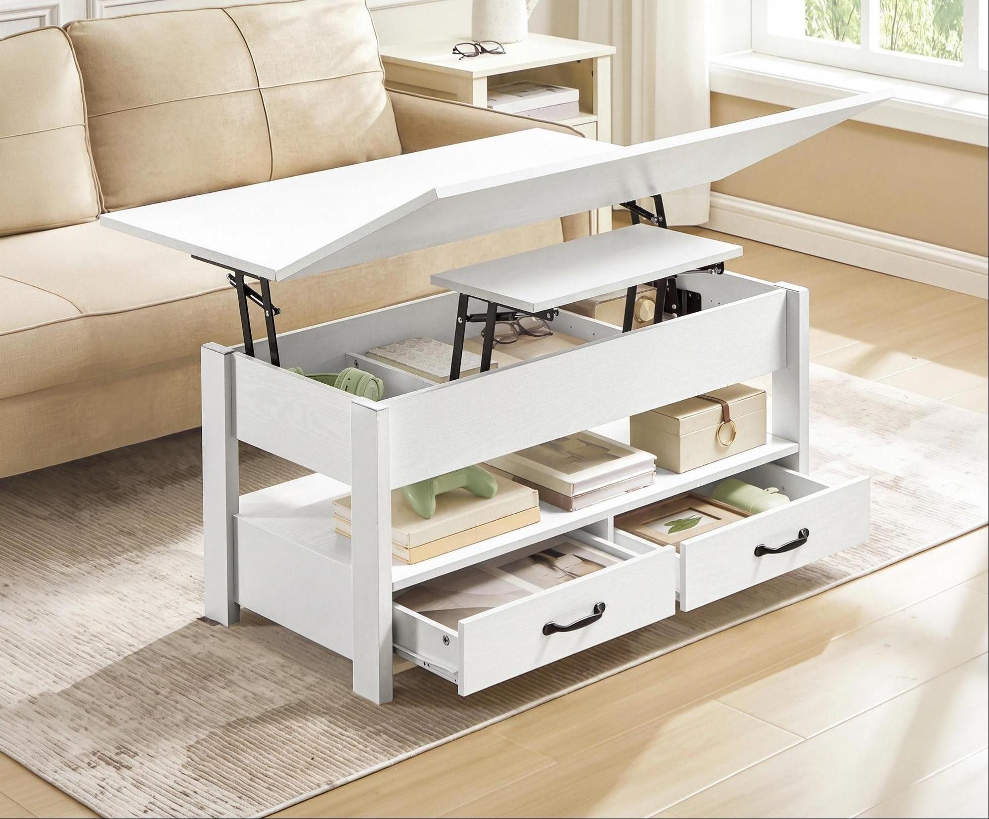 VASAGLE Couchtisch höhenverstellbar mit 2 hochklappbaren Tischplatten, Stauraum (multifunktional, inkl. Zubehörpaket & Anleitung), 2 Schubladen und Ablage, Wohnzimmertisch, weiß