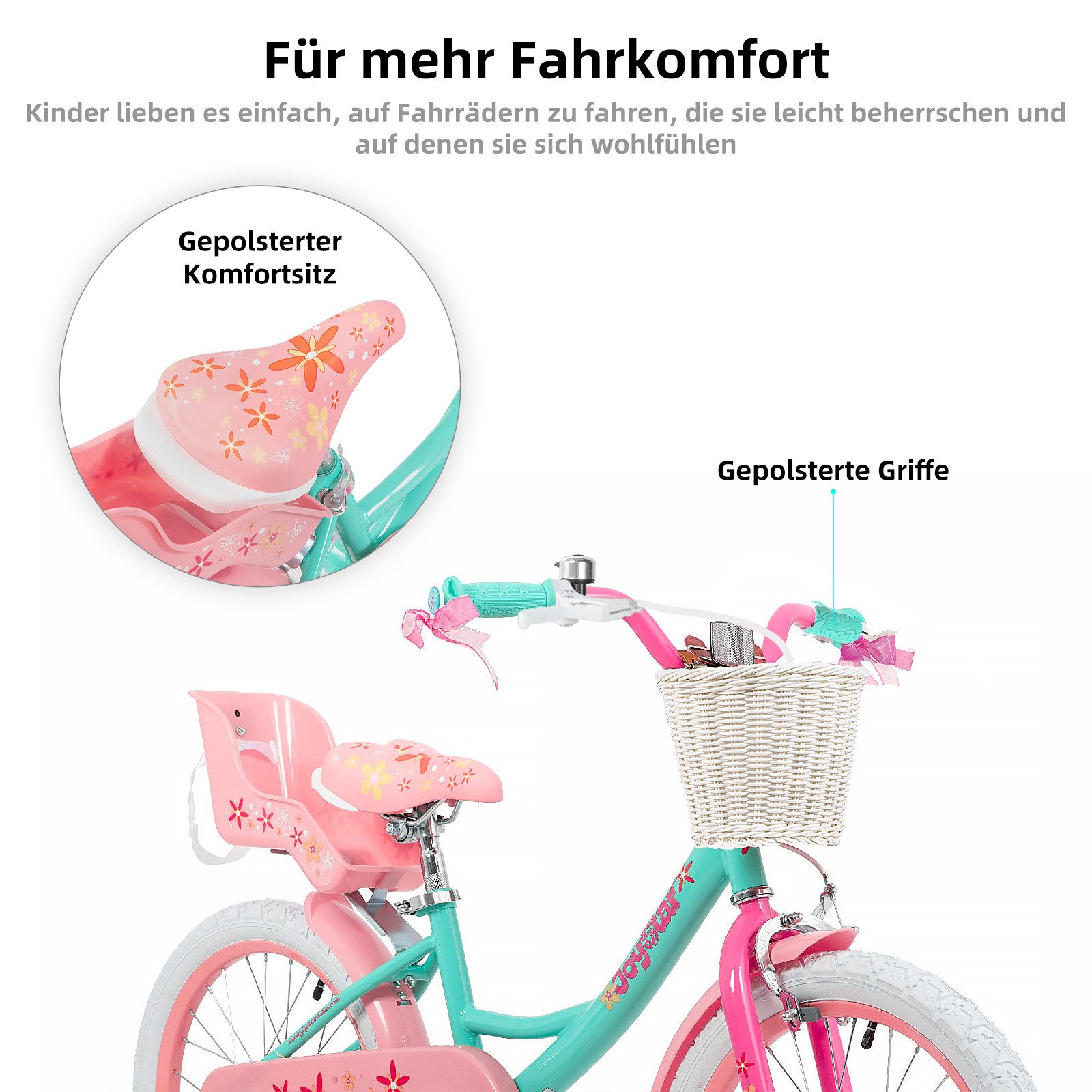 JOYSTAR Kinderfahrrad 12 14 16 18 Zoll Mädchenfahrrad, 2-9 Jahre, Geschenk für Prinzessin, 1 Gang, Puppenradsitz & Stützrädern& Korbstreamer, 18 Zoll mit Stützr – Bild 5 von 5