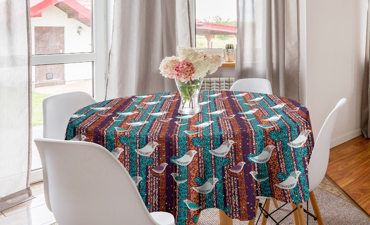 Abdeckung Abakuhaus Tischdecke Zweige Küche Tischdecke für Bunte Vögel Esszimmer Kreis Dekoration, Stripes