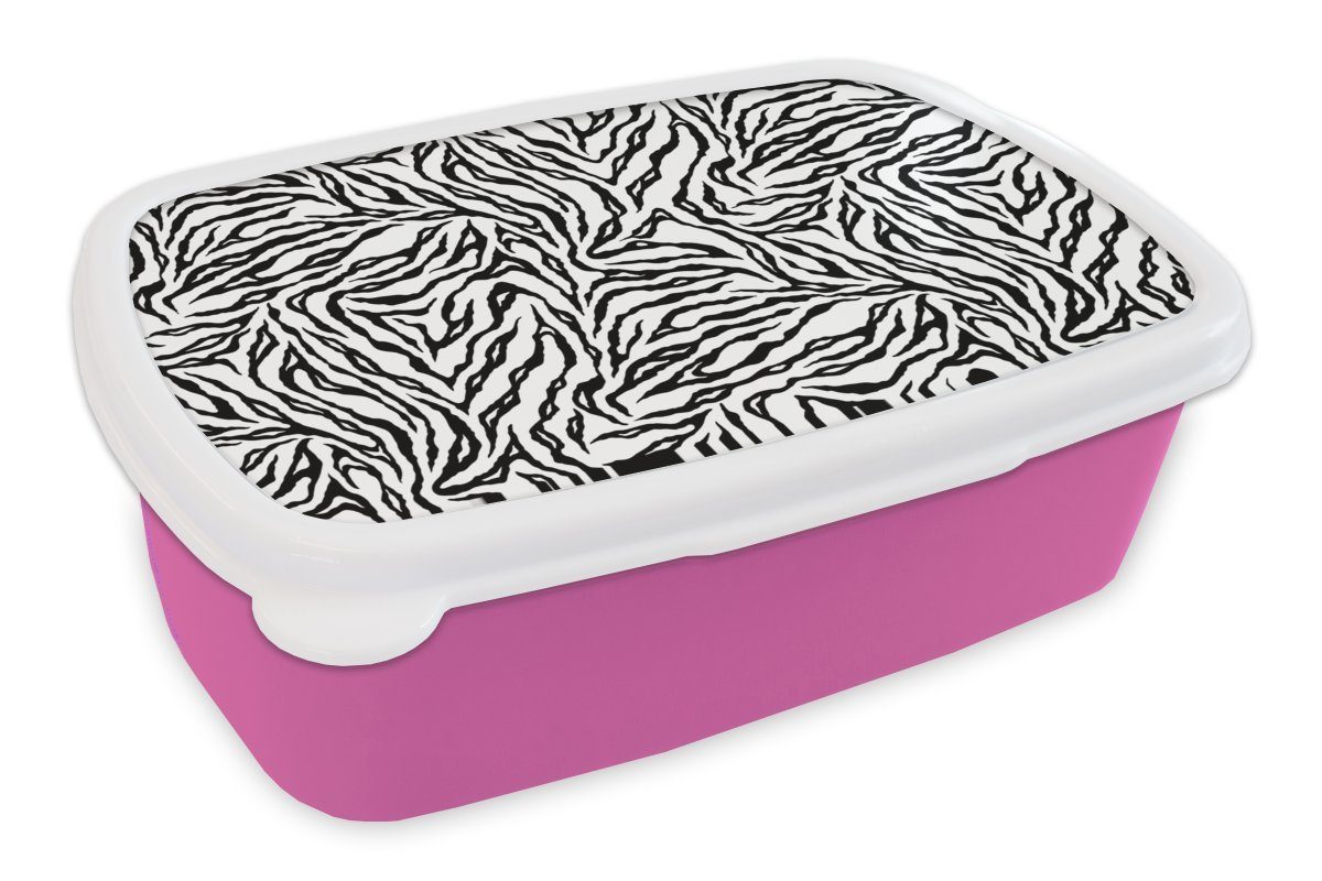 MuchoWow Lunchbox Tigerdruck - Schwarz - Weiß - Tiere - Muster, Kunststoff, (2-tlg), Brotbox für Erwachsene, Brotdose Kinder, Snackbox, Mädchen, Kunststoff rosa
