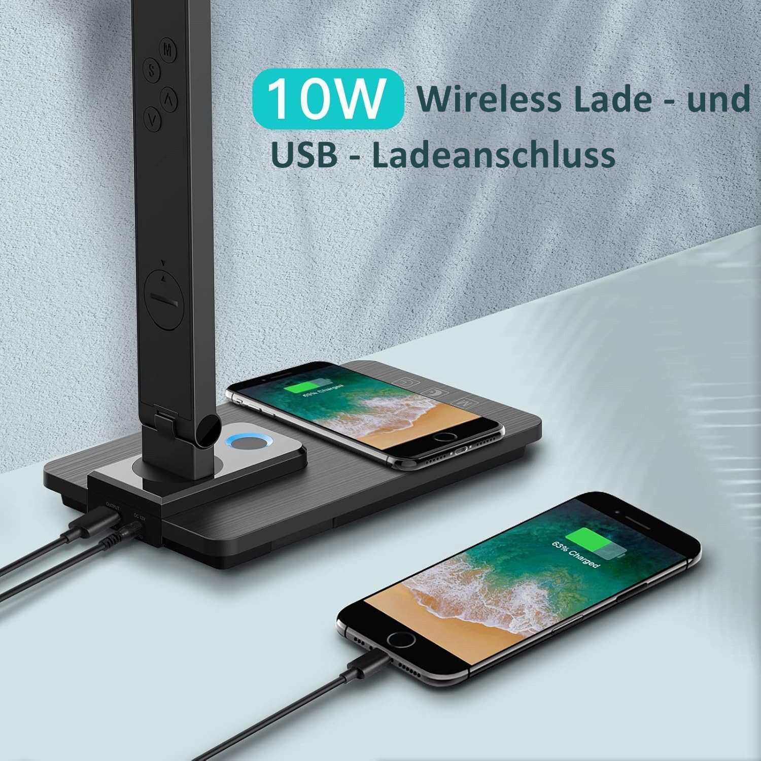 Toomoke LED Schreibtischlampe LED fest integriert,LED Tischlampe Dimmbar,3 Lichtfarben & dimmbar, kabelloses Laden, USB-Ladefunktion, 3 Farbtemperaturmodi und 5 Helligkeitsstufen, Temperatur-, Alarm- & Kalenderfunktion