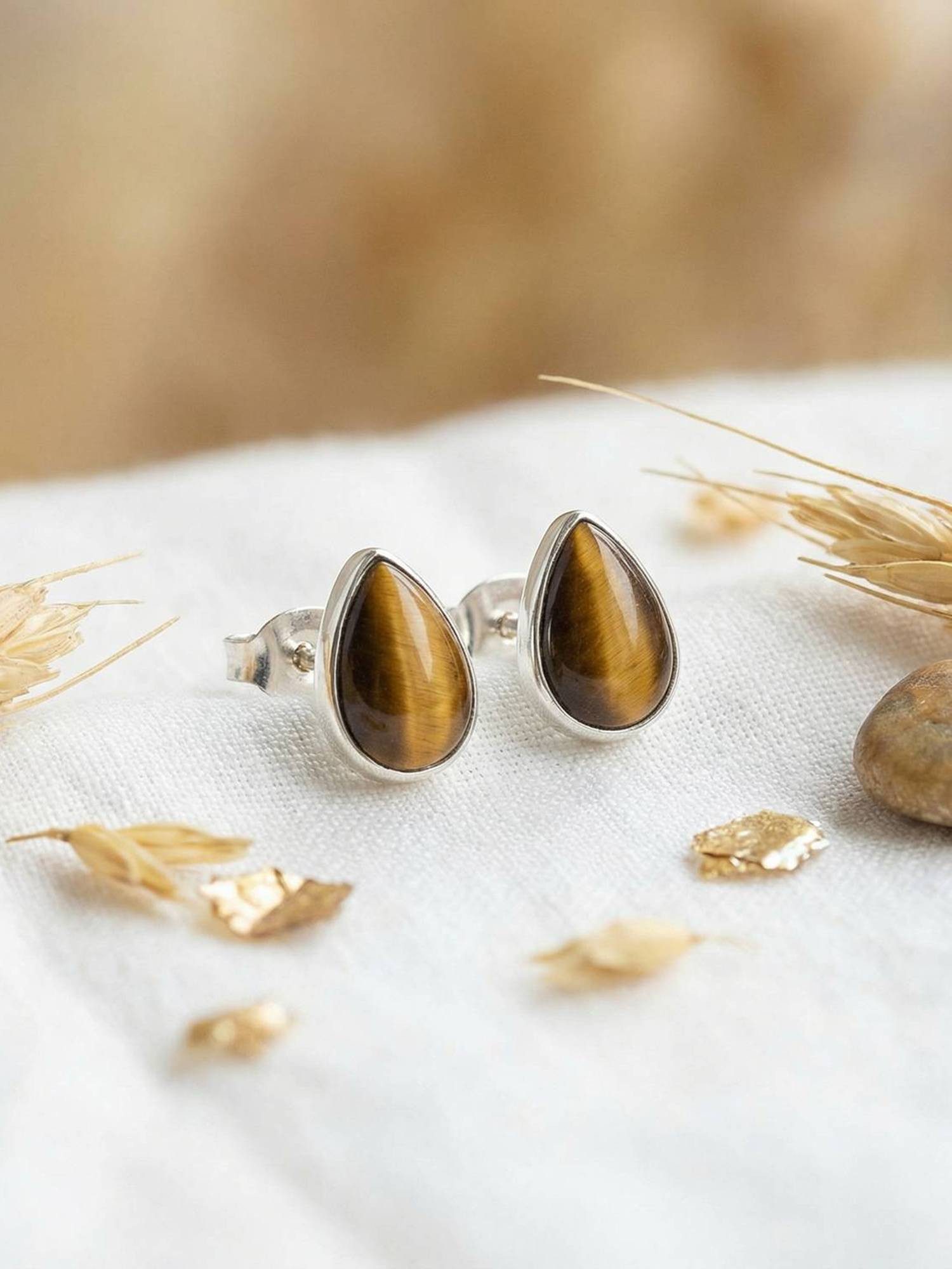 mantraroma Paar Ohrstecker SAMA Tropfen aus 925 Silber mit Tigerauge (Paar, Paar Ohrringe mit Schmuckbeutel), 925 Sterling Silber Ohrringe für Damen