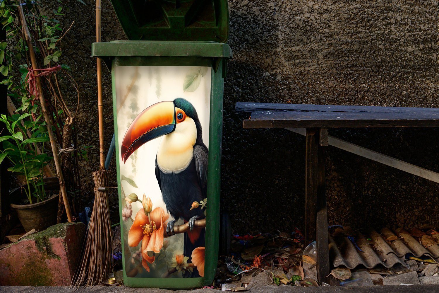 Mülleimer-aufkleber, Tukan (1 Container, Abfalbehälter Sticker, - Blumen Pflanzen Mülltonne, St), Wandsticker MuchoWow - - Vogel