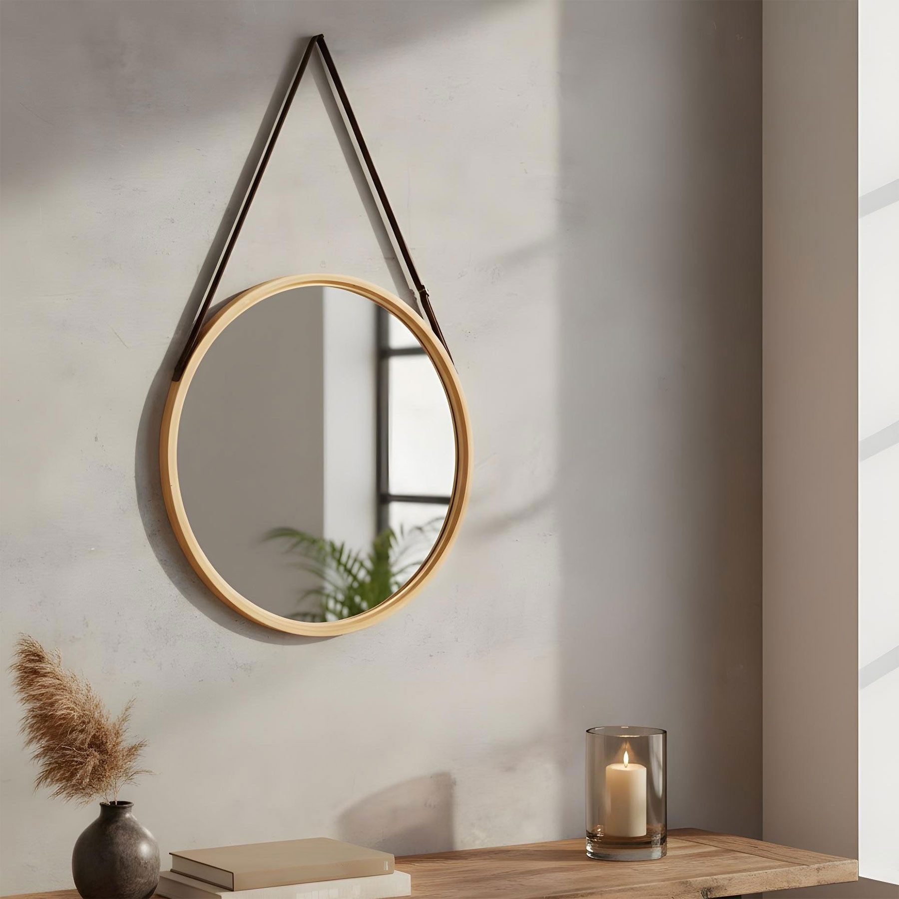 Levandeo® Wandspiegel, Wandspiegel 38cm Rund Bambus Holz Kunstleder Flurspiegel Wanddeko