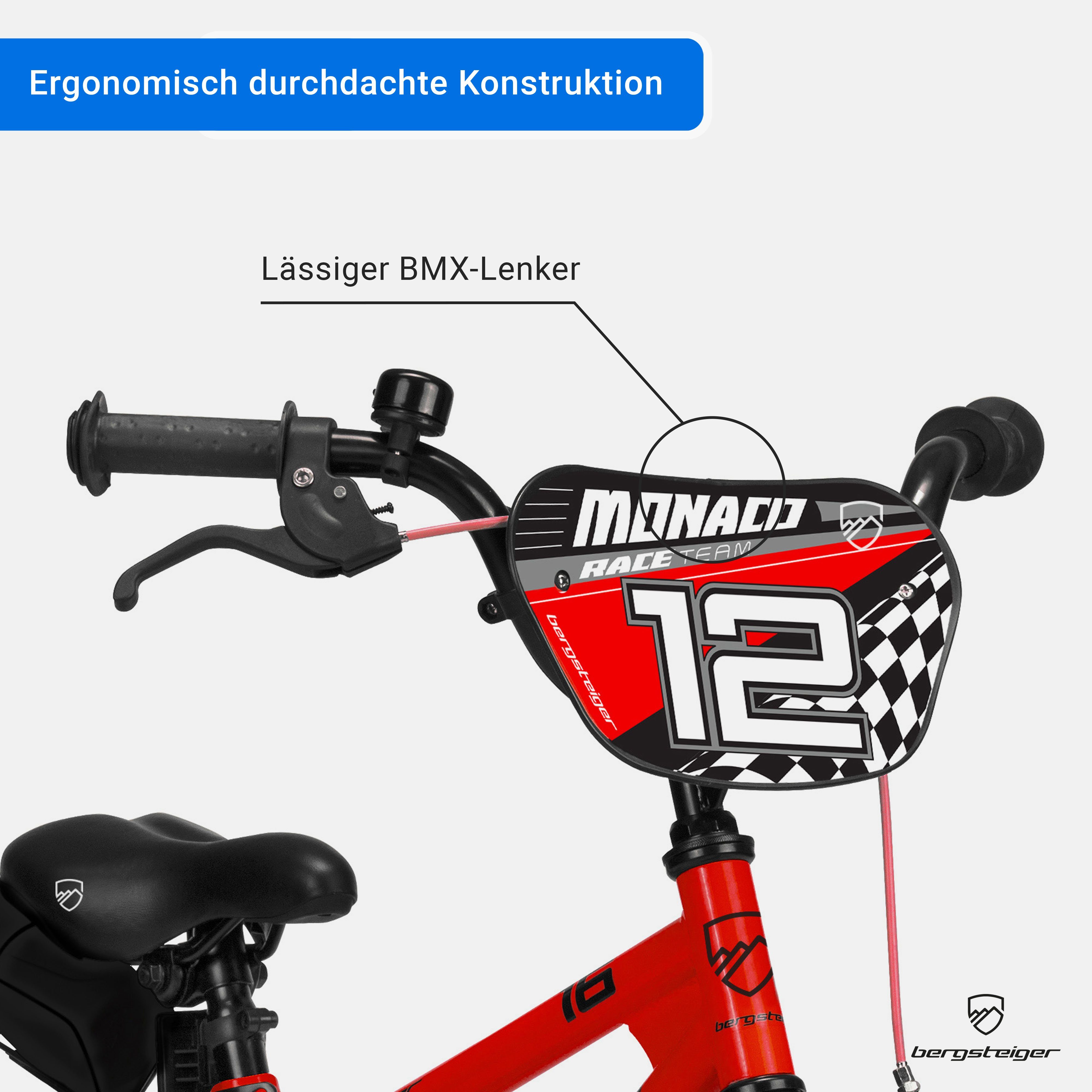 bergsteiger Kinderfahrrad Monaco 12 Zoll, geeignet für 3 und 4 Jahre, BMX, 1 Gang, V-Brakes, Trinkflasche – Bild 4 von 5