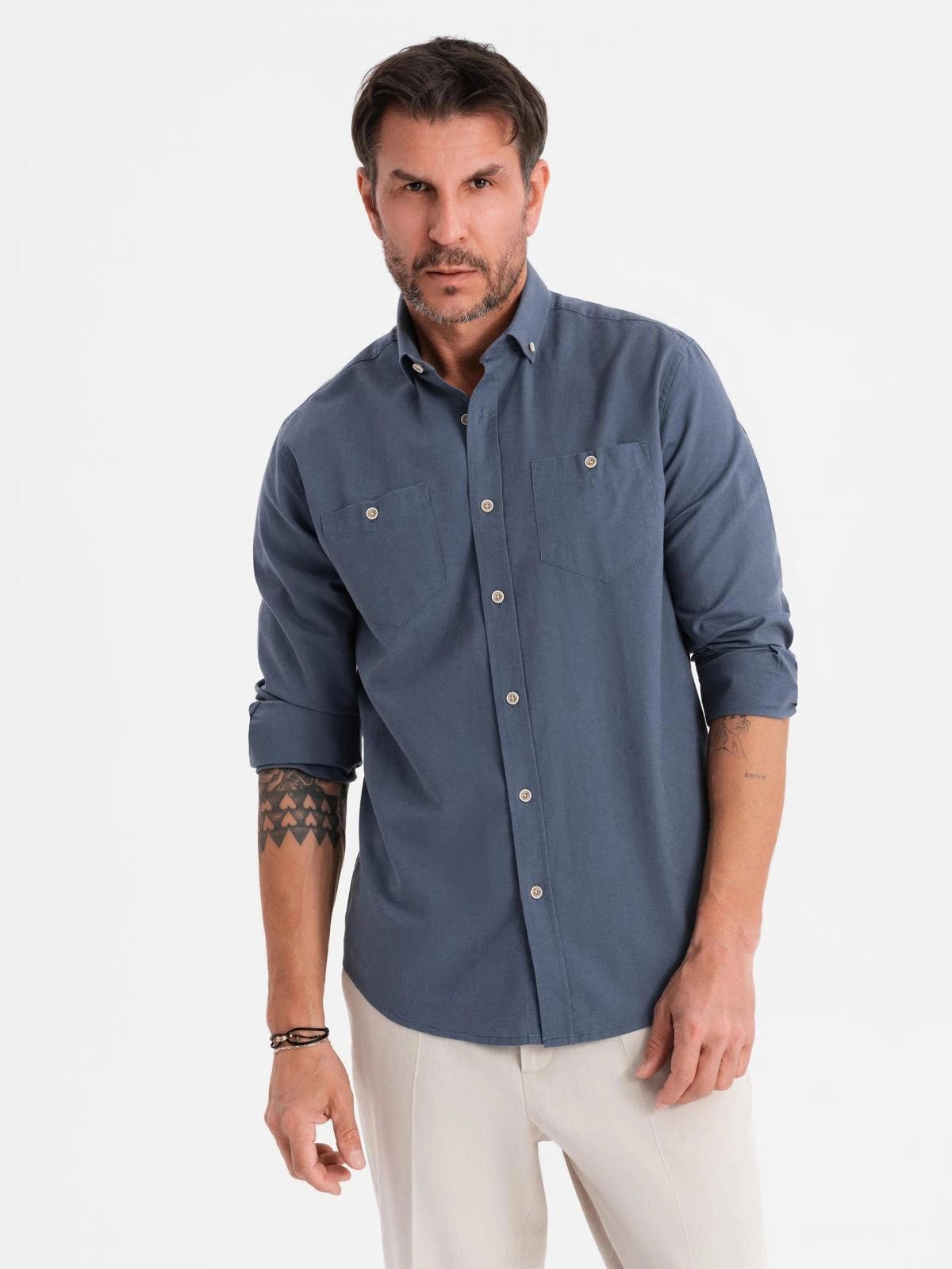 Langarmhemd Herren Leinenhemd mit klassischem Kragen und Taschen REGULAR FIT