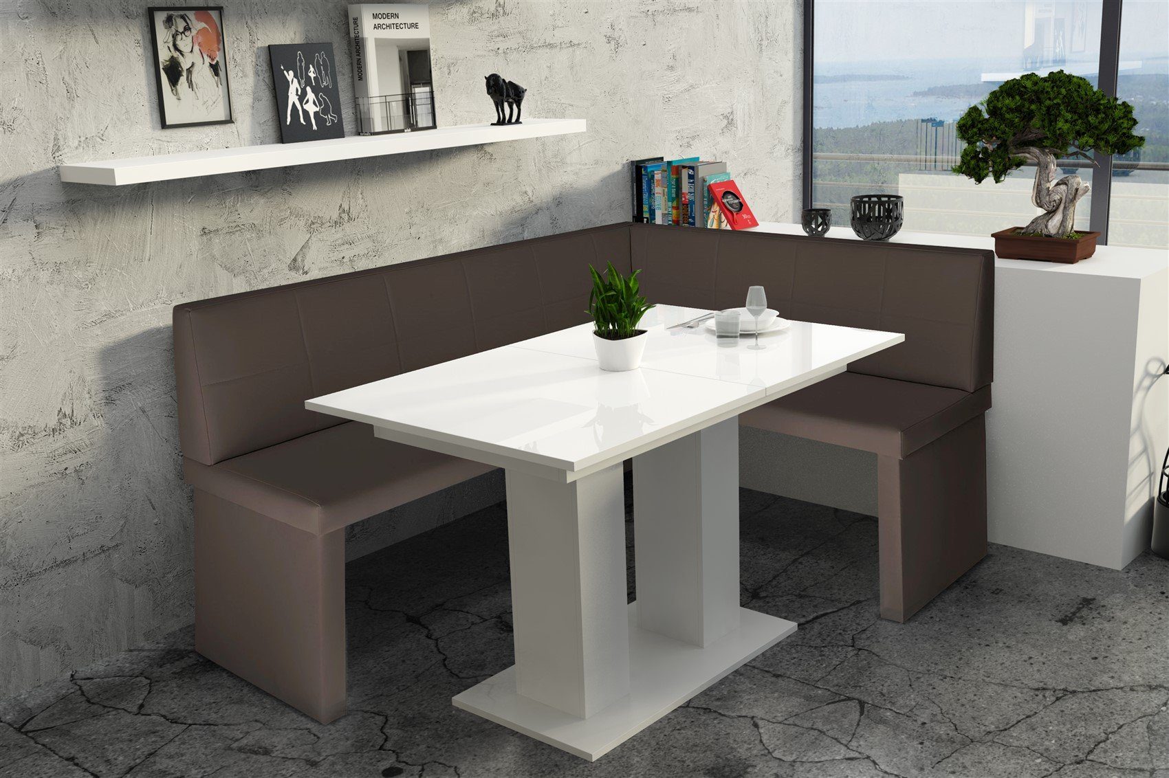 in „Robin“ ausziehbarer Möbel Tisch Eckbankgruppe weiß“, mit Kunstleder Braun Fun 168x128cm Eckbankgruppe Tisch „Dante