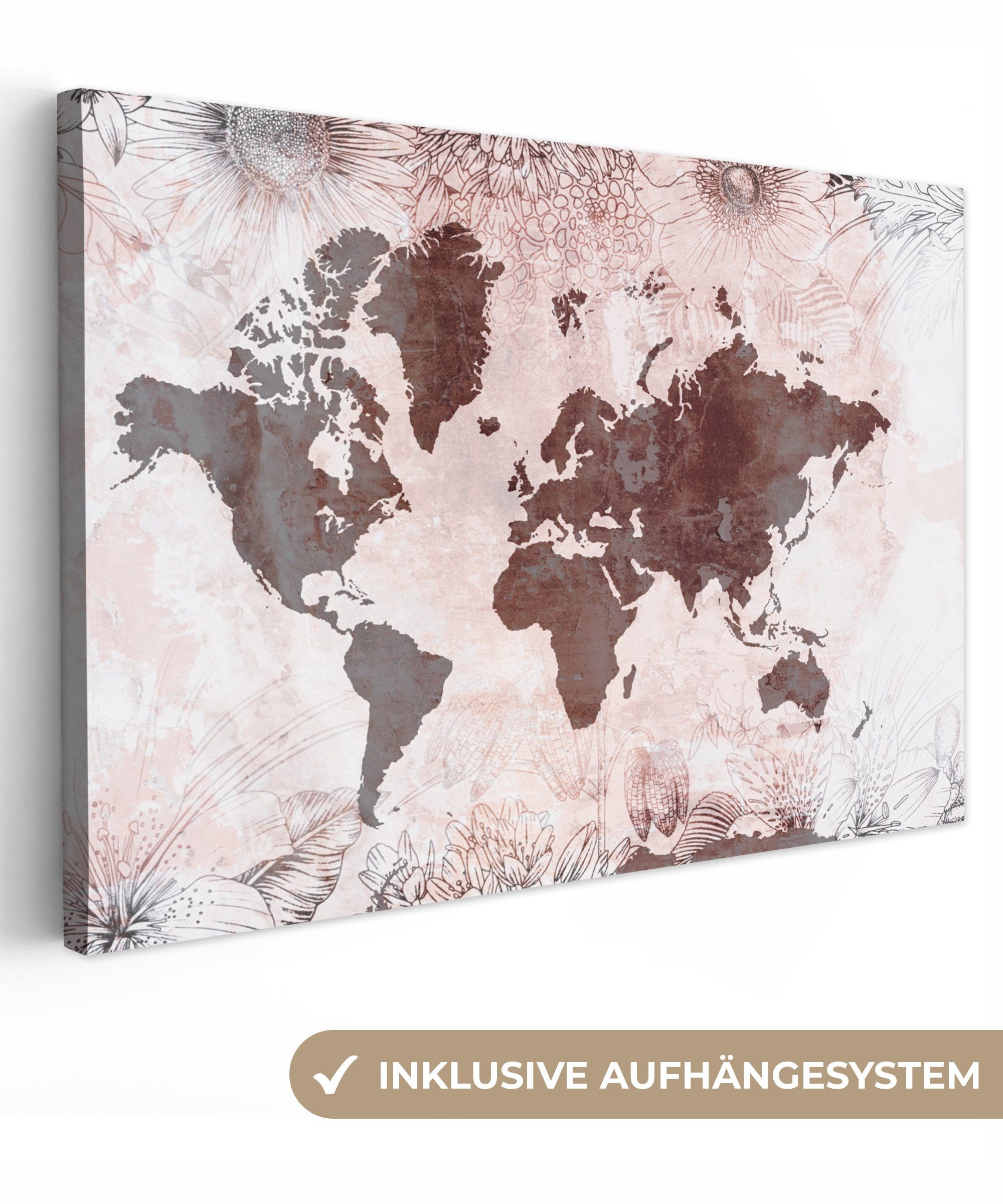 OneMillionCanvasses® Leinwandbild Weltkarte - Vintage - Rot, Fotodruck (1 St), Leinwand Bilder Klein, Wand Dekoration Aesthetic 30x20 cm