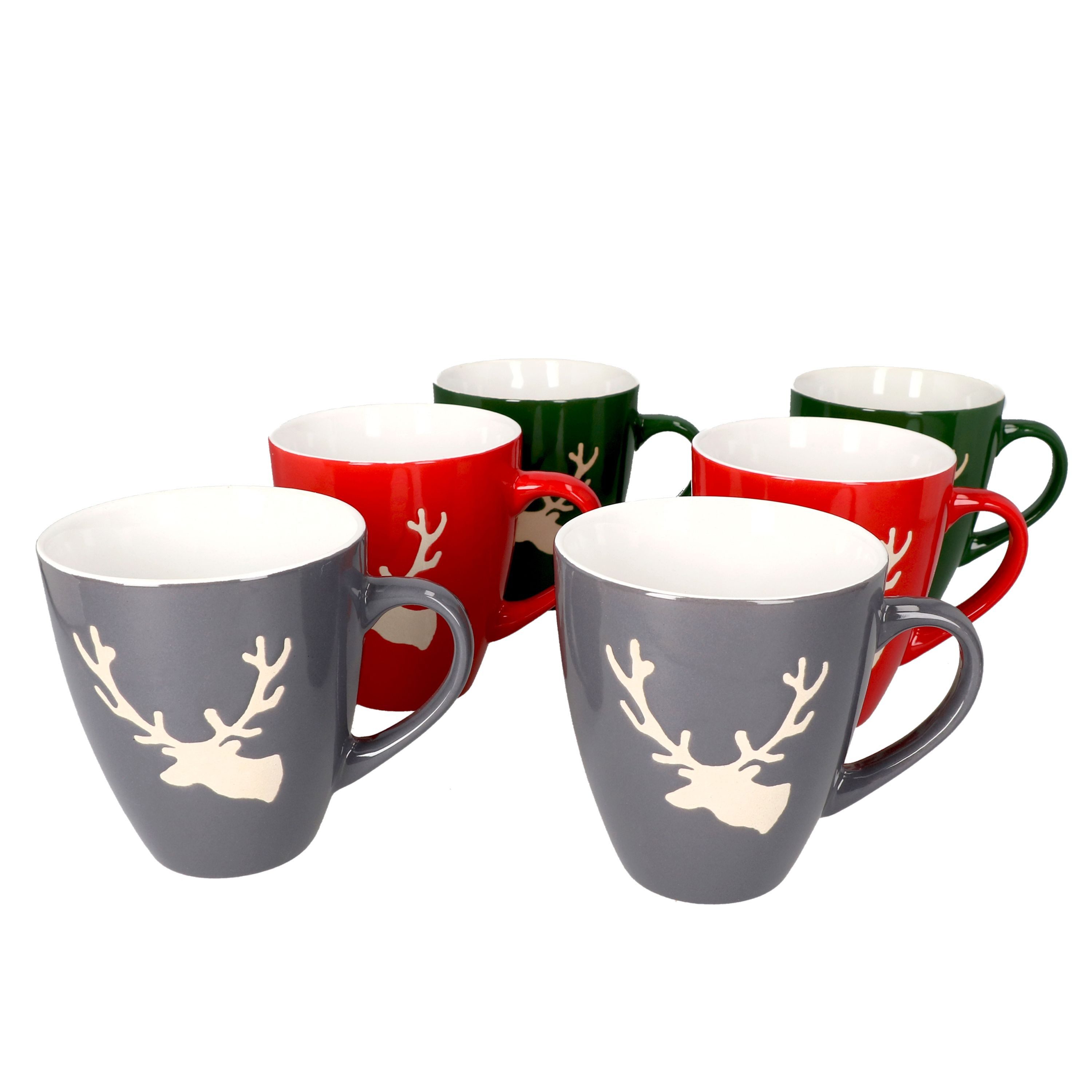MamboCat Becher 6er Set Kaffeebecher Hirsch konisch 400 ml 2x Rot, Grün, Grau, Keramik