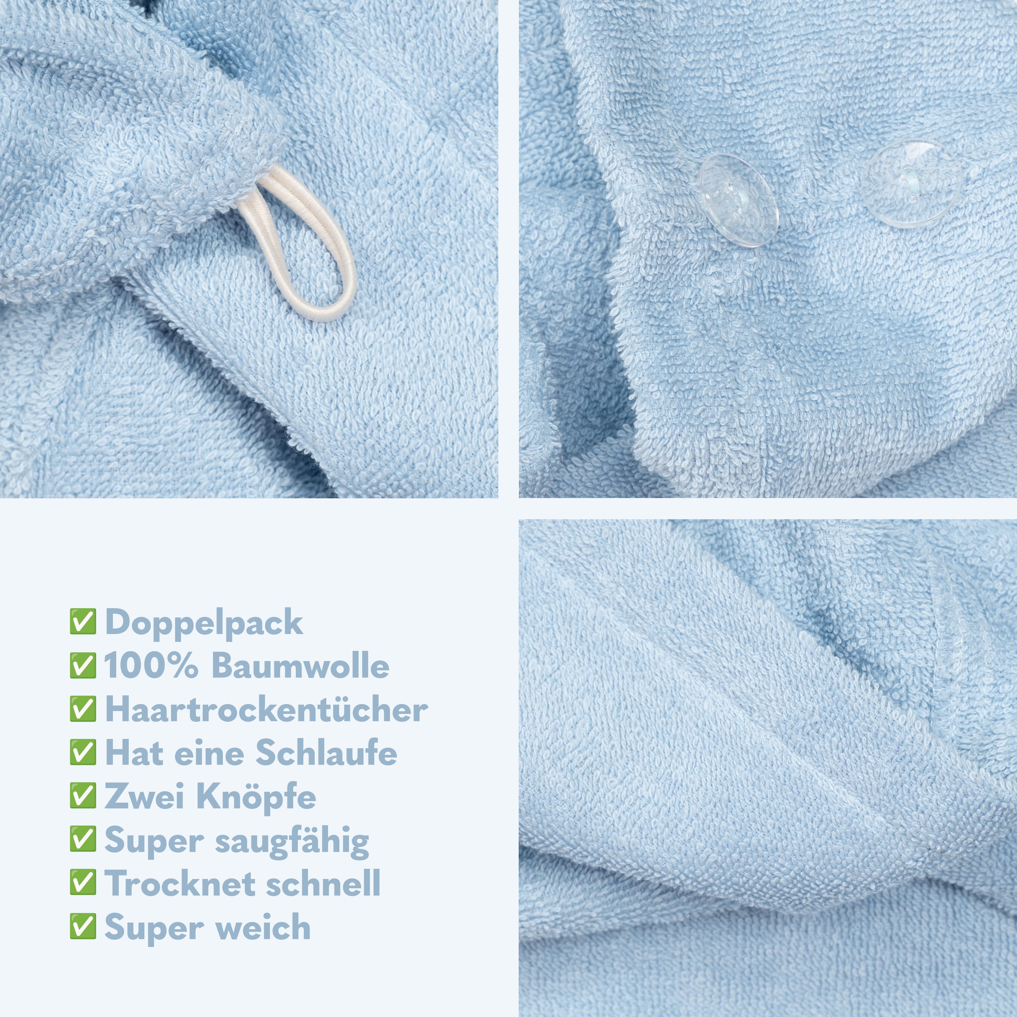 HAMMETEX Turban-Handtuch 2er Set Haarturban Damen, 100% Baumwolle, Flauschig & Schnelltrocknend, Frottier (Set, 2-St), Uni-Farben, weich – Bild 5 von 5