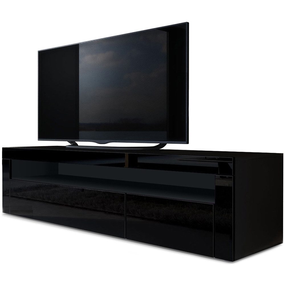 Vladon Lowboard Valencia (TV-Kommode, mit 1 offenem Fach und 2 Klappen), Schwarz matt/Schwarz Hochglanz/Schwarz Hochglanz (155 x 46 x 40 cm)