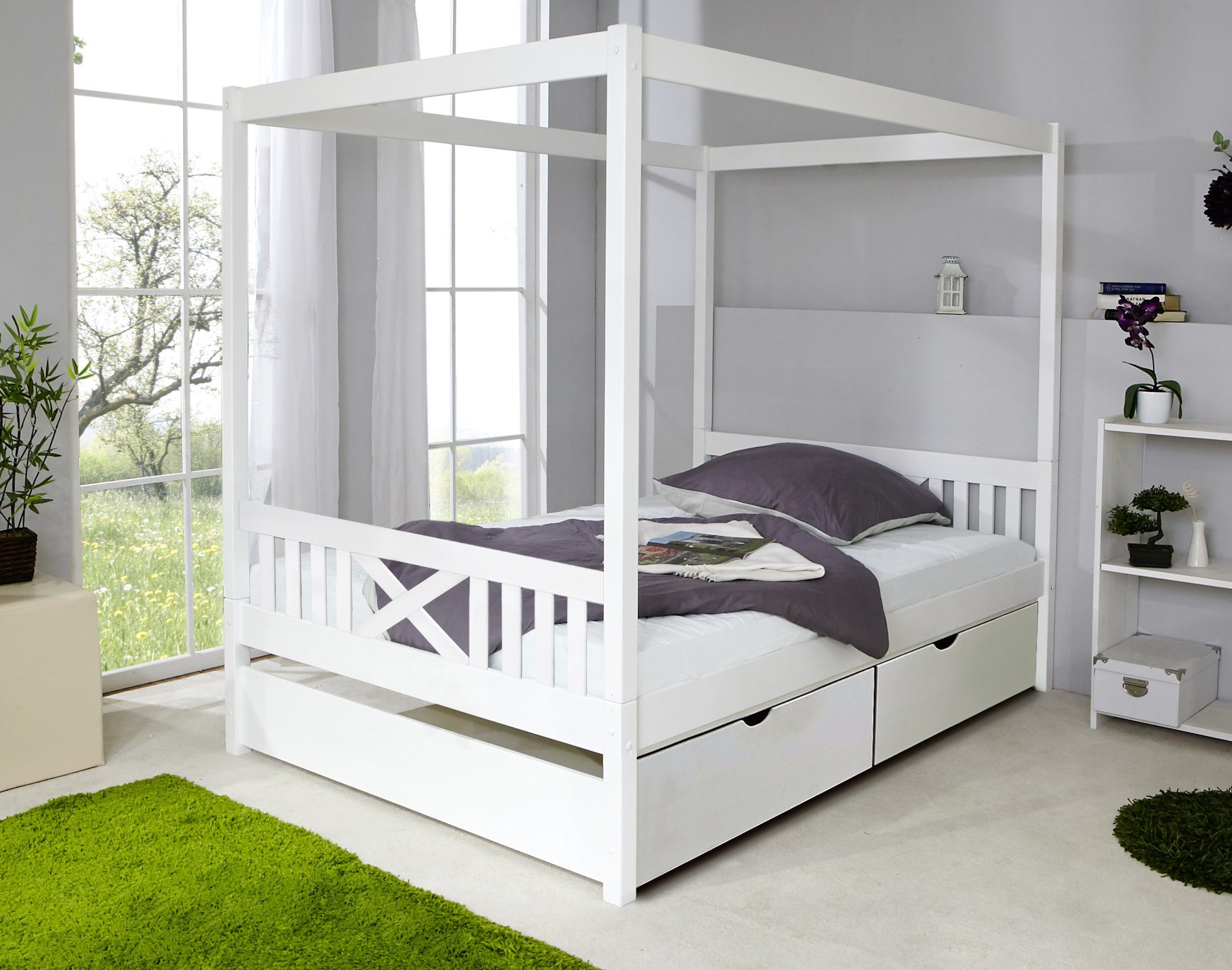 Ticaa Himmelbett Himmelbett Lino Kiefer Weiß 140x200, Oberer Teil abnehmbar und als Einzelbett stellbar – Bild 2 von 3