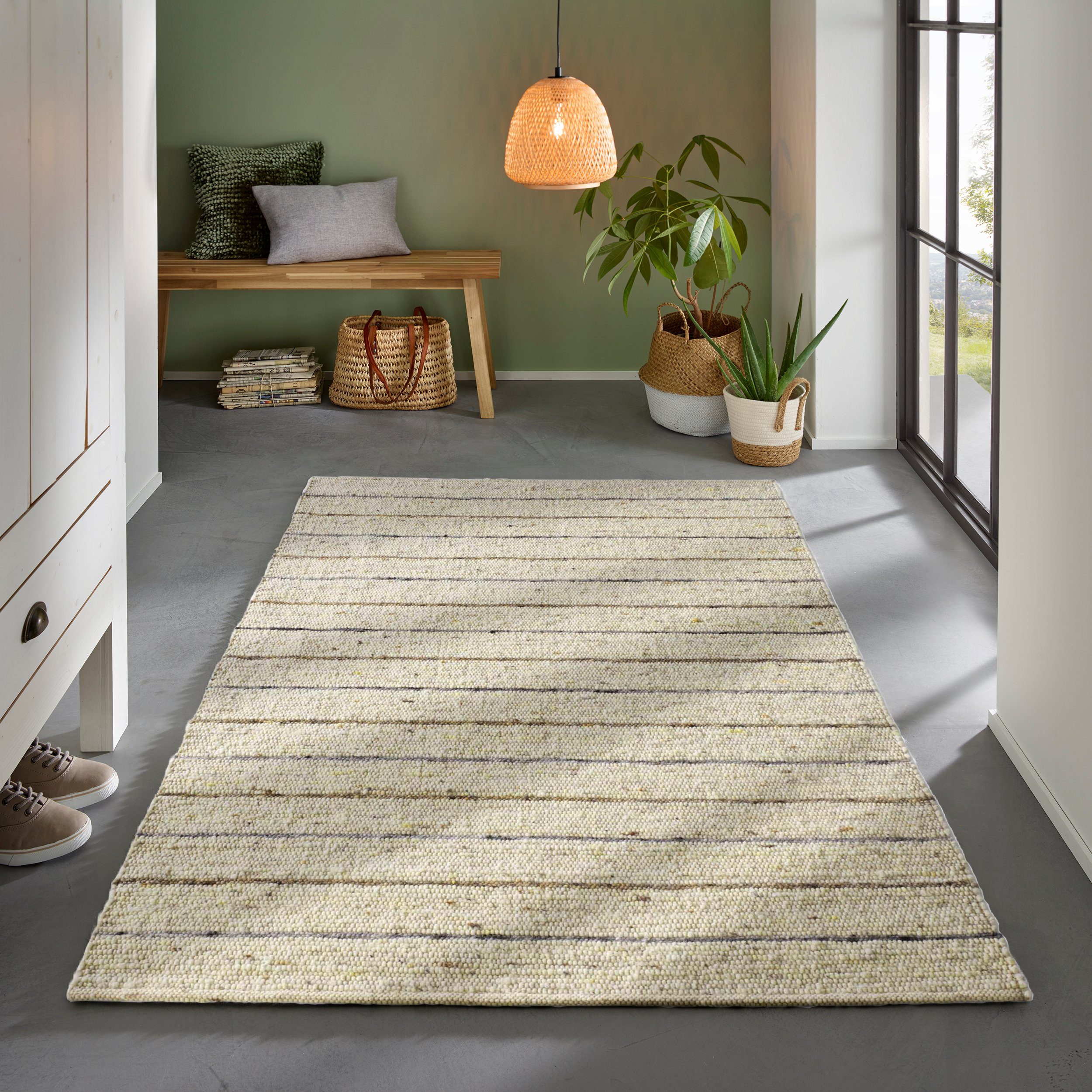 TaCa Home Wollteppich Handweb Woll-Teppich gestreift, rechteckig, Höhe: 12 mm, nachhaltige Schurwolle Wohnzimmer Schlafzimmer, Grau - 70 x 130 cm