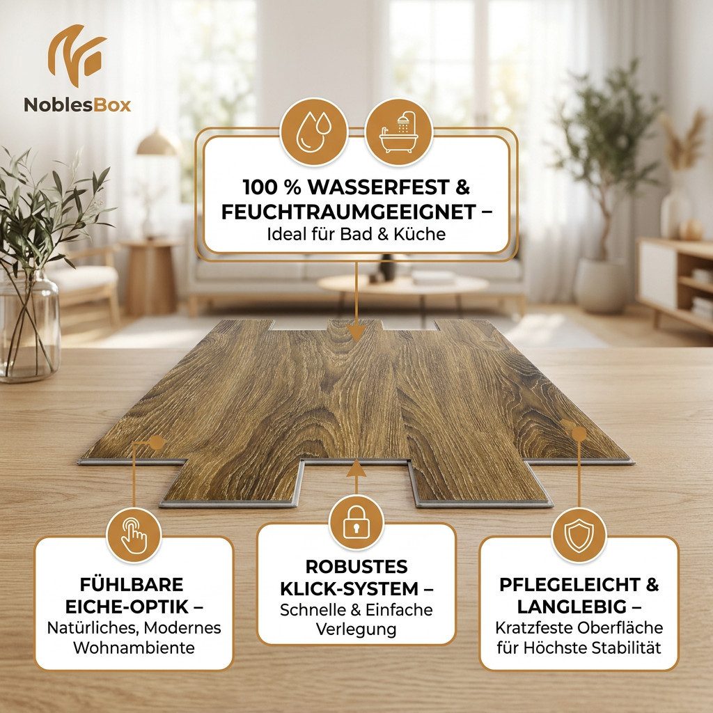 NoblesBox Designboden Klick Vinylboden SPC - Hartvinyl - 4+1mm Wasserfest - 1 mm Isolierung, Für Fußbodenheizung, Hochabriebfest & Klicksystem – Bild 2 von 5