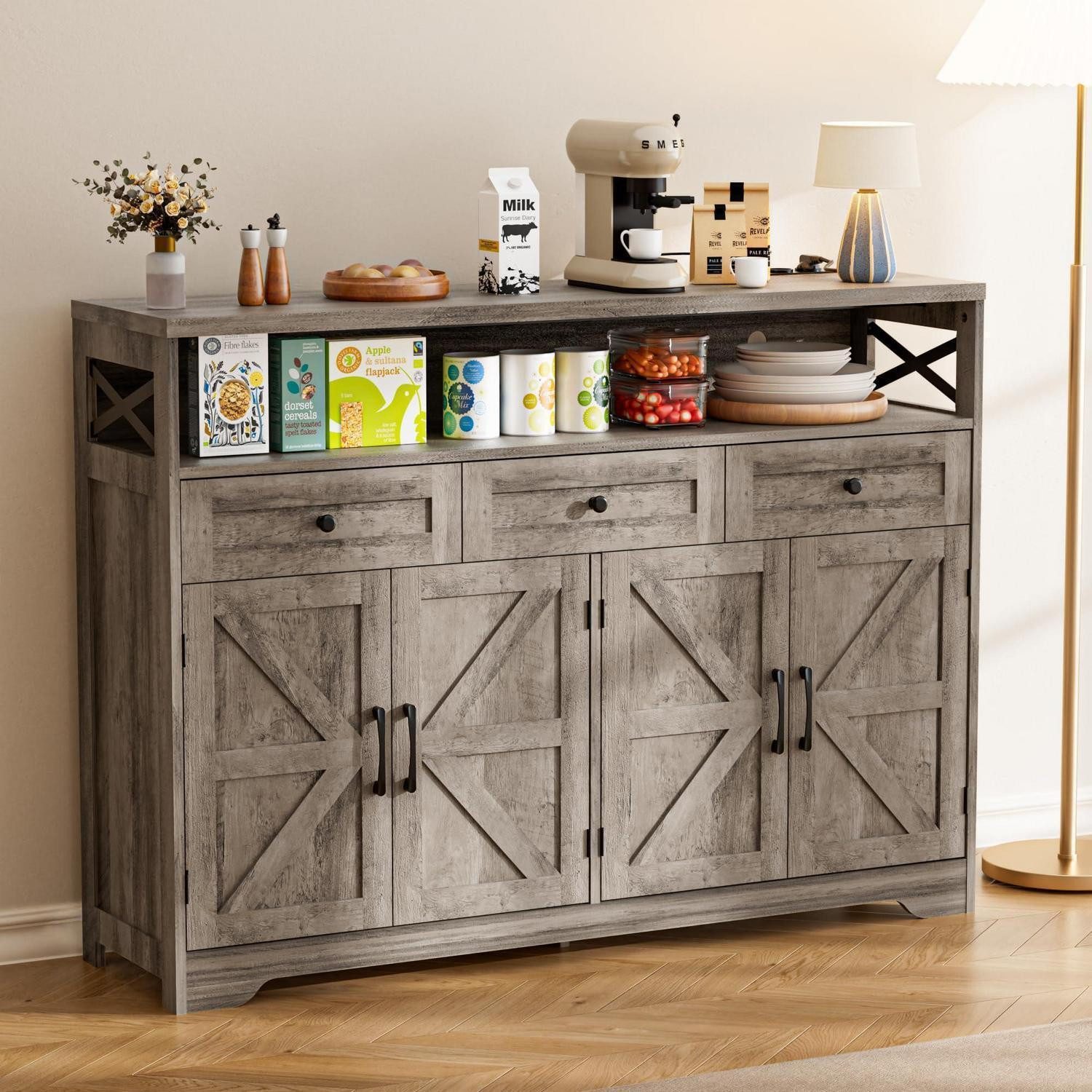 LuxusKollektion Anrichte Sideboard Schubladen Regal Kaffeebar 130 x 35 x 95cm Gray Holzoptik