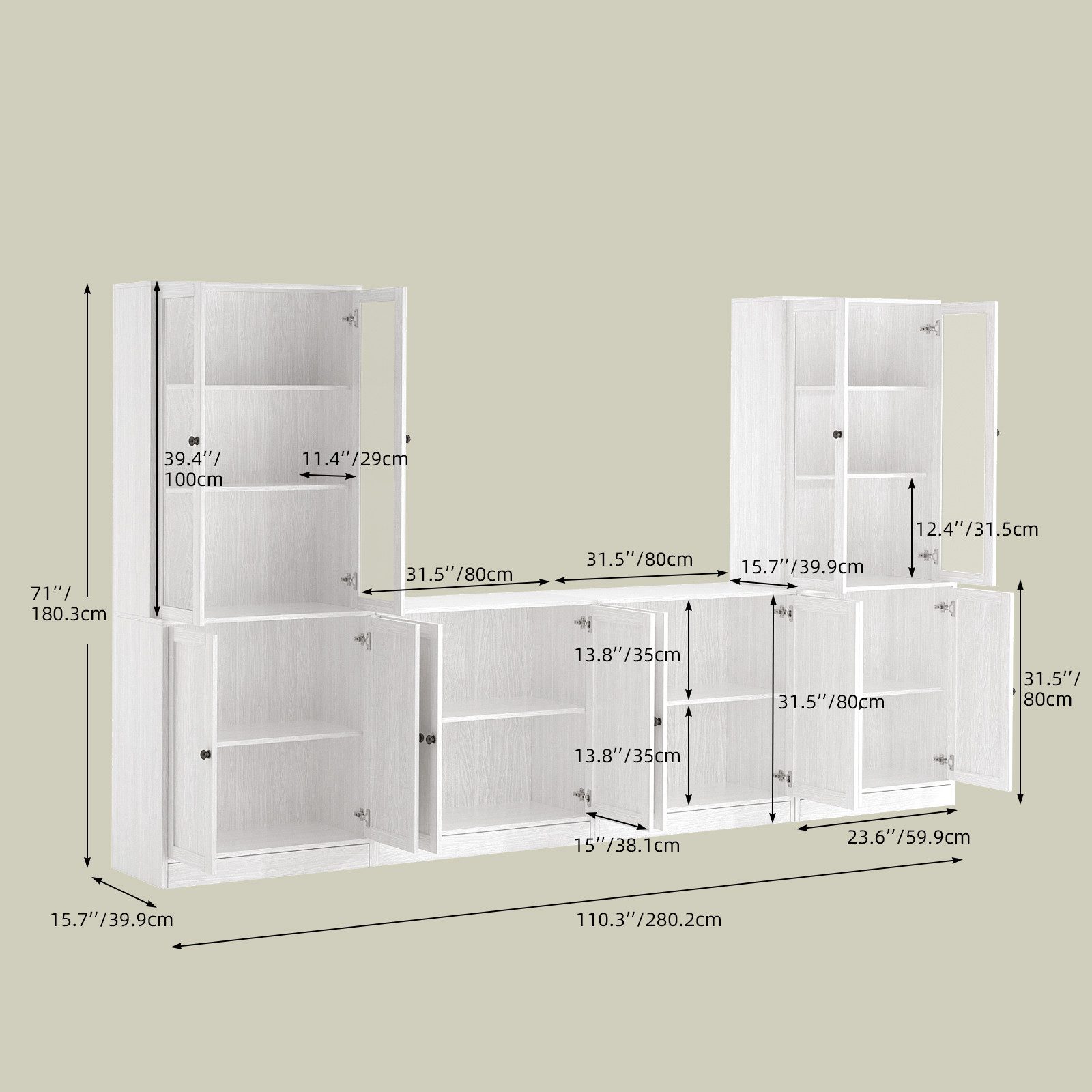 VOWNER TV-Schrank mit Bücherregalen für Fernseher bis zu 70 Zoll, 280 cm TV-Ständer (4-St) Wohnzimmer-Fernsehschrank mit gehärteten Glastüren und Einlegeböden