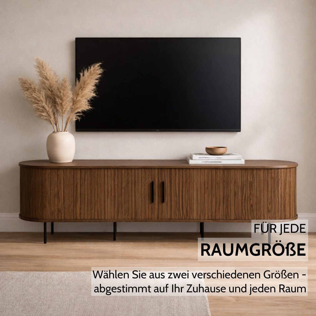 Liadomo Lowboard Uriel, TV-Möbel, TV-Board, TV-Unterschrank, 120 oder 180 cm Breite, Schiebetüren, Lamellen, schwarz, weiß, Natur, braun