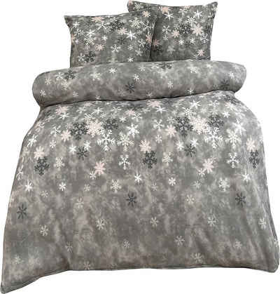Bettwäsche Winter Fleece, One Home, Fleece, 3 teilig, Schneeflocken, kuschelig flauschig warm weich Winter Doppelbett