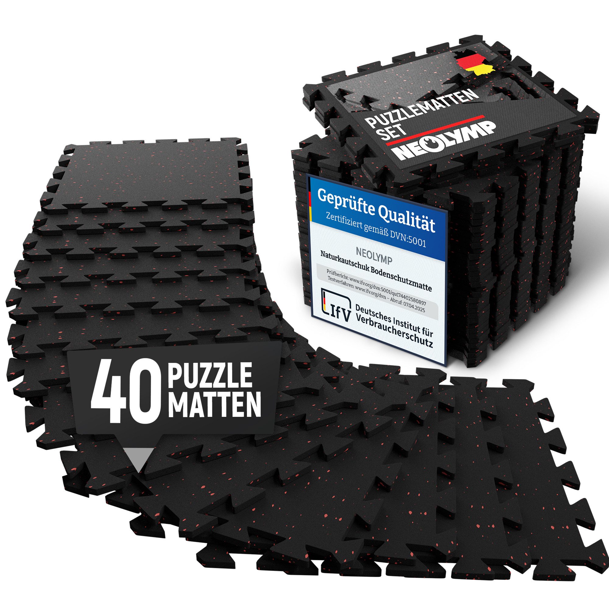 NEOLYMP Bodenmatte Profi-Sportboden SF210 5 Stück (8 Puzzlestücke inkl. Randteile), Premium-Studioqualität, Naturkautschuk, Dichte von 7100g/m³