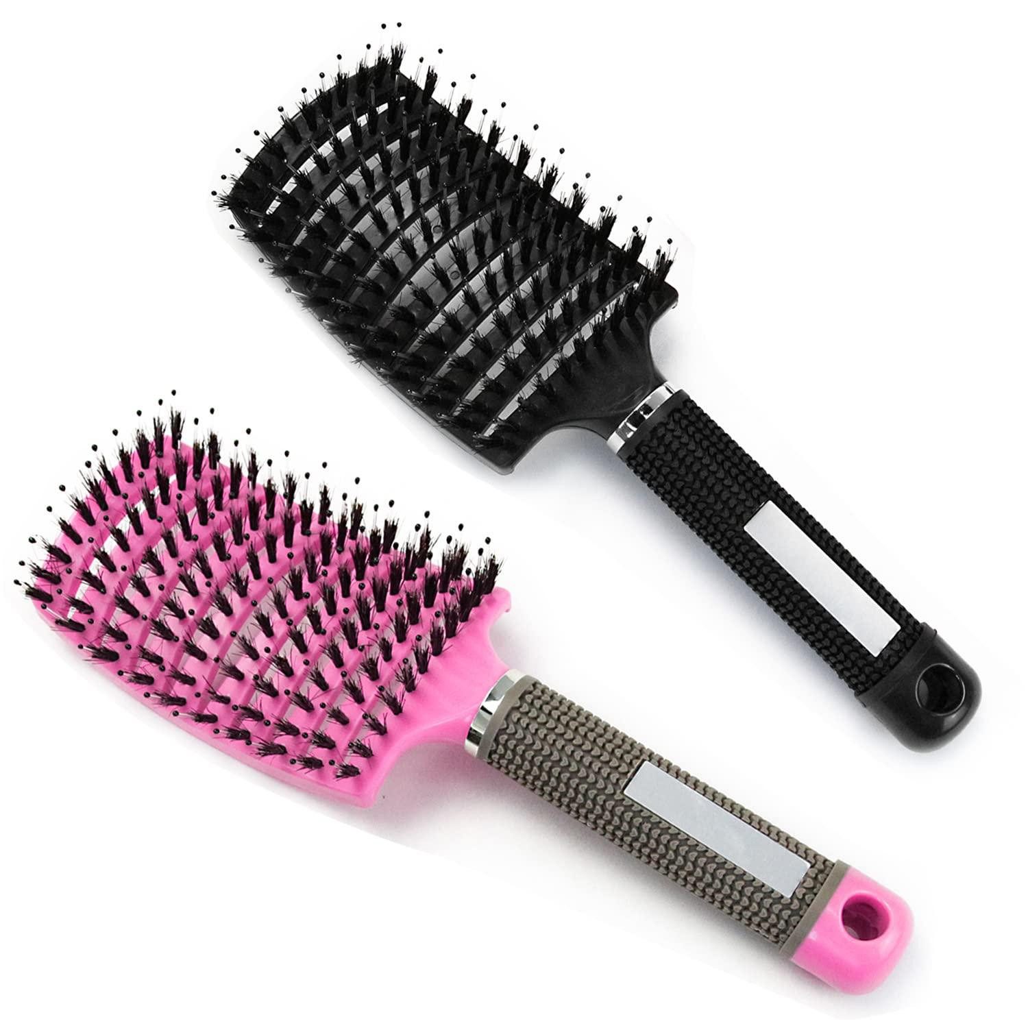 LuxusKollektion Haarentwirrbürste 2er Set Haarbürste Schwarz Rosa Wildschweinborsten Ohne Ziepen