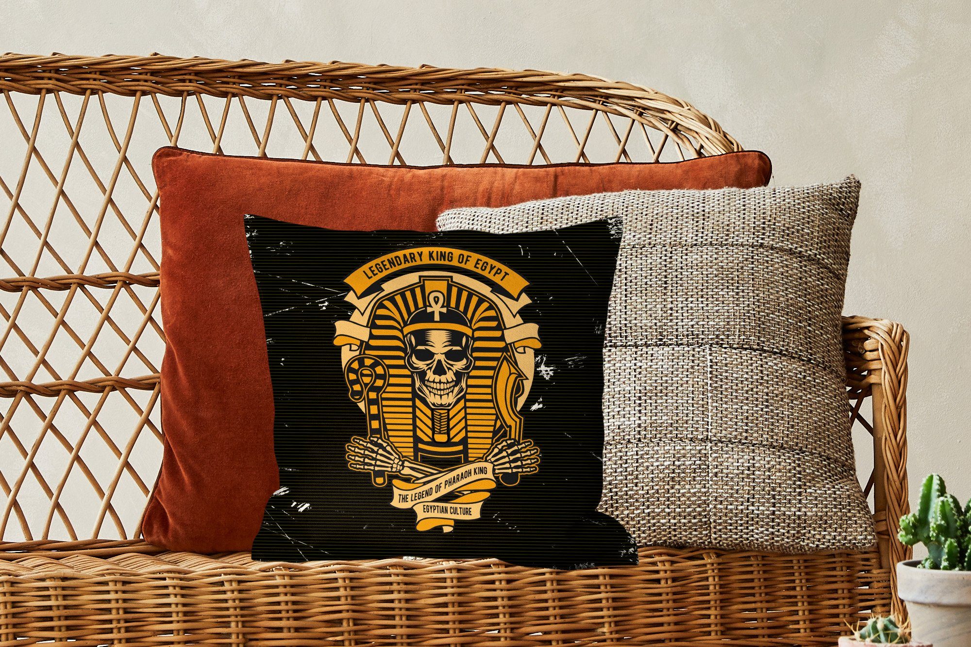 Schädel - Pharao mit Wohzimmer, Deko, Zierkissen Sofakissen - Zeichnung, Schlafzimmer, Dekokissen - für Vintage MuchoWow Füllung