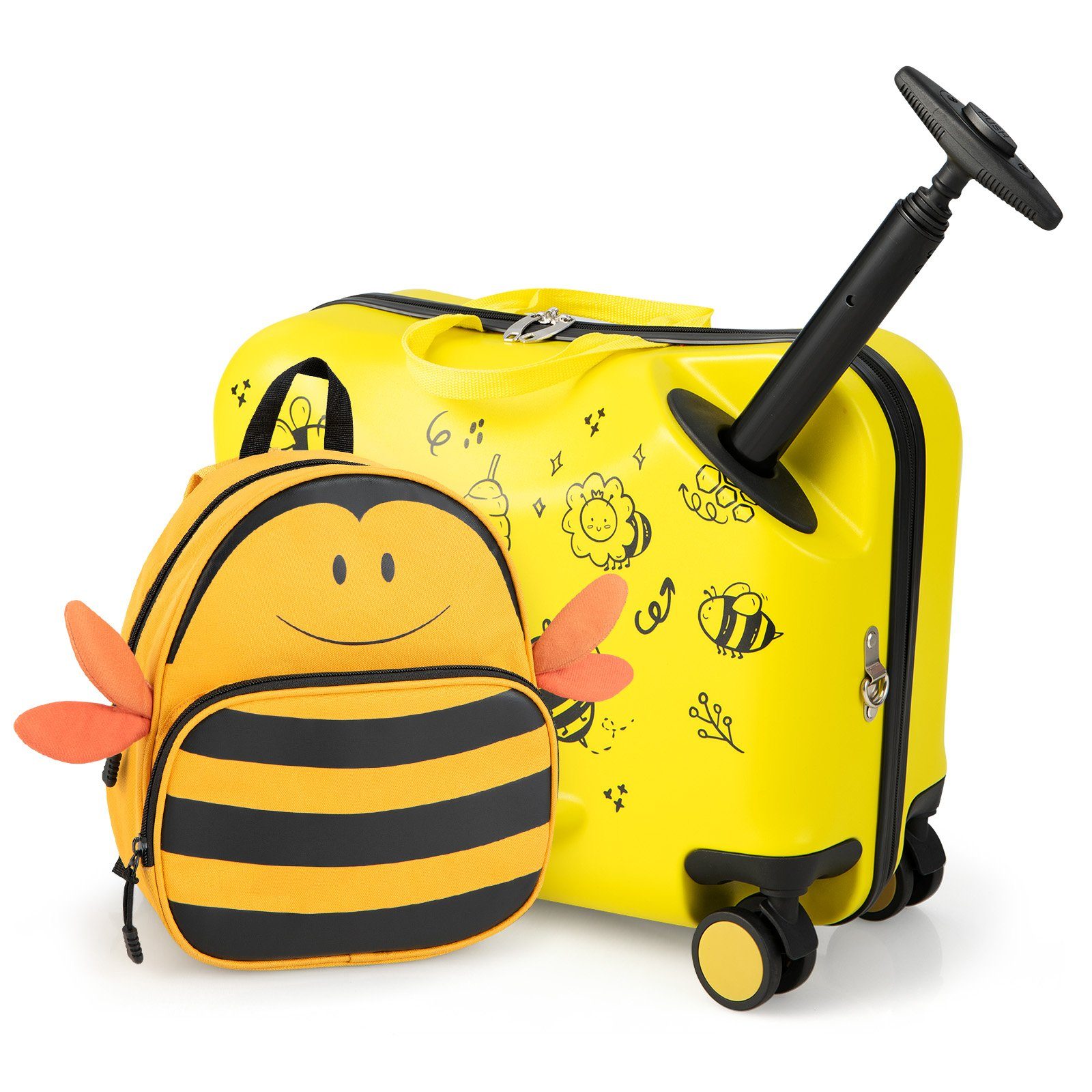 COSTWAY Kinderkoffer 12"+18" Kindertrolley, zum sitzen, mit 4 Rollen & Rucksack