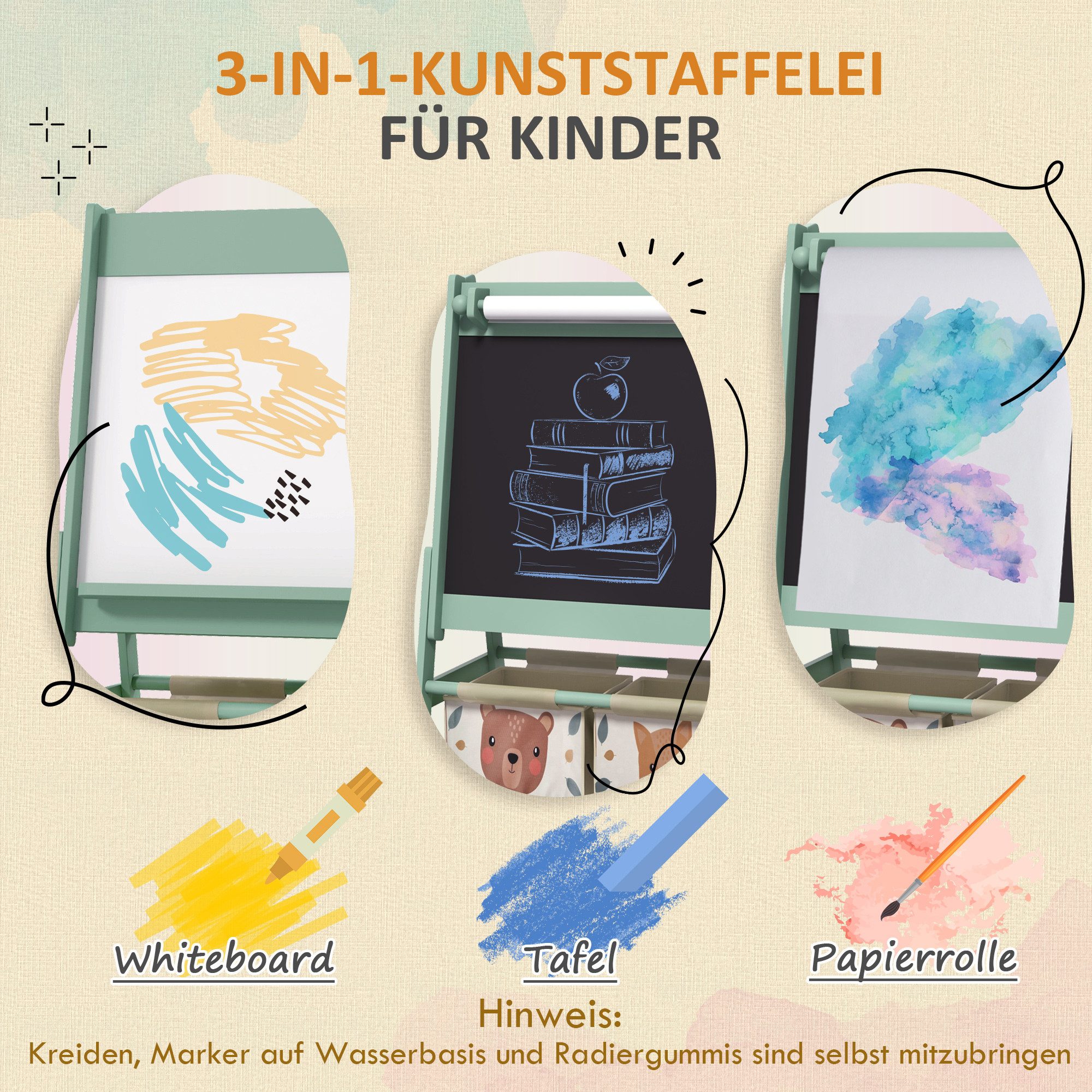 AIYAPLAY Tafel Staffelei Kindertafel Whiteboard mit Papierrolle inkl. Zubehör, (Standtafel, 1-tlg., Kinder Spieltafel), Grün 54 x 46,5 x 93 cm – Bild 4 von 5