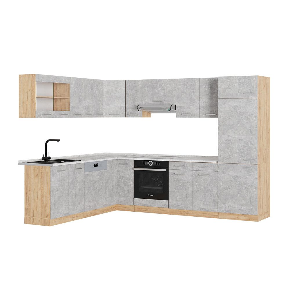 Vicco Winkelküche R-Line, Beton/Goldkraft Eiche, 287 x 227 cm, AP Marmor