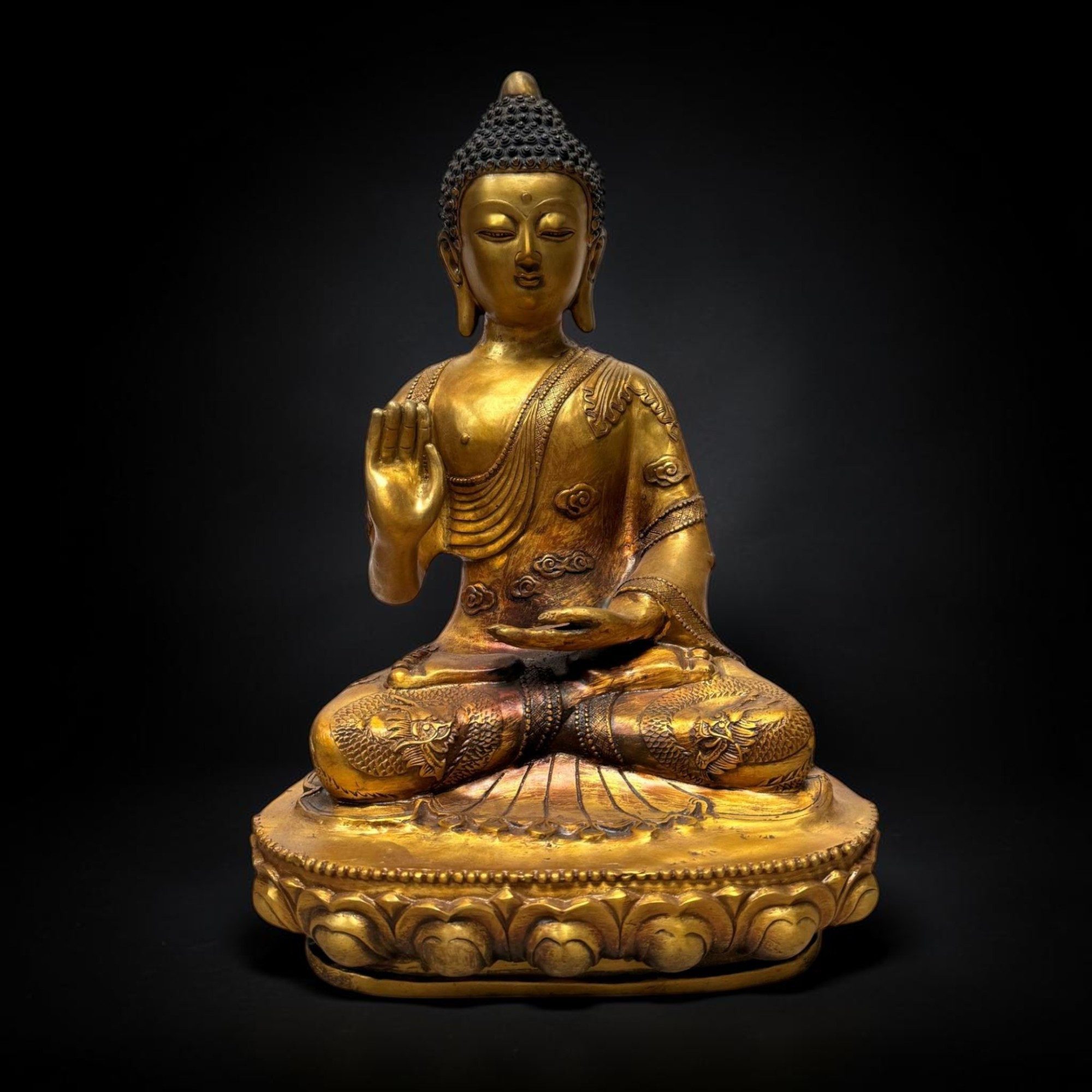 Asien LifeStyle Buddhafigur Bronze Buddha Figur Skulptur Schutzgeste Drachen 44 cm