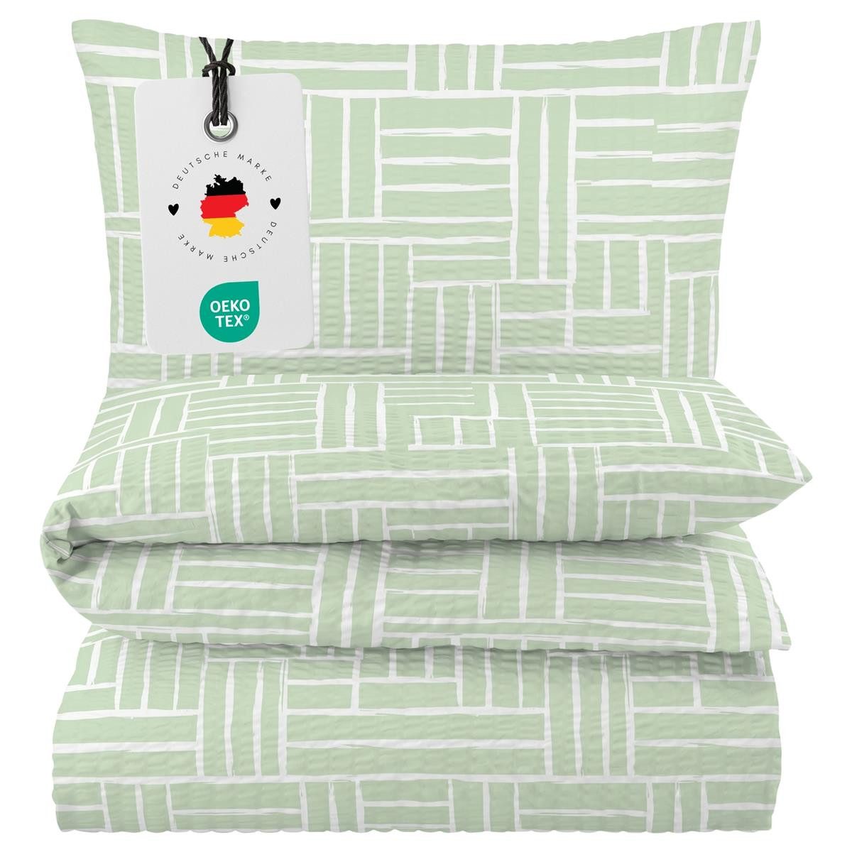 Carpe Sonno Bettwäsche Seersucker 135 x 200 155 x 220 Baumwolle Bügelfrei Sommer Muster Grün, Seersucker, 2 teilig, OEKO-TEX Bettbezug, Seersuckerbettwäsche mit Reißverschluss 135x200