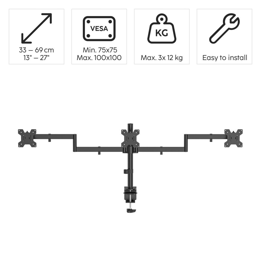 Hama Monitor-Halterung Dreifach Monitorhalterung höhenverstellbar für 13-27 Zoll, (bis 27 Zoll, 3 Monitore, 360° Rotation, VESA, Kabelmanagement, Stahl)
