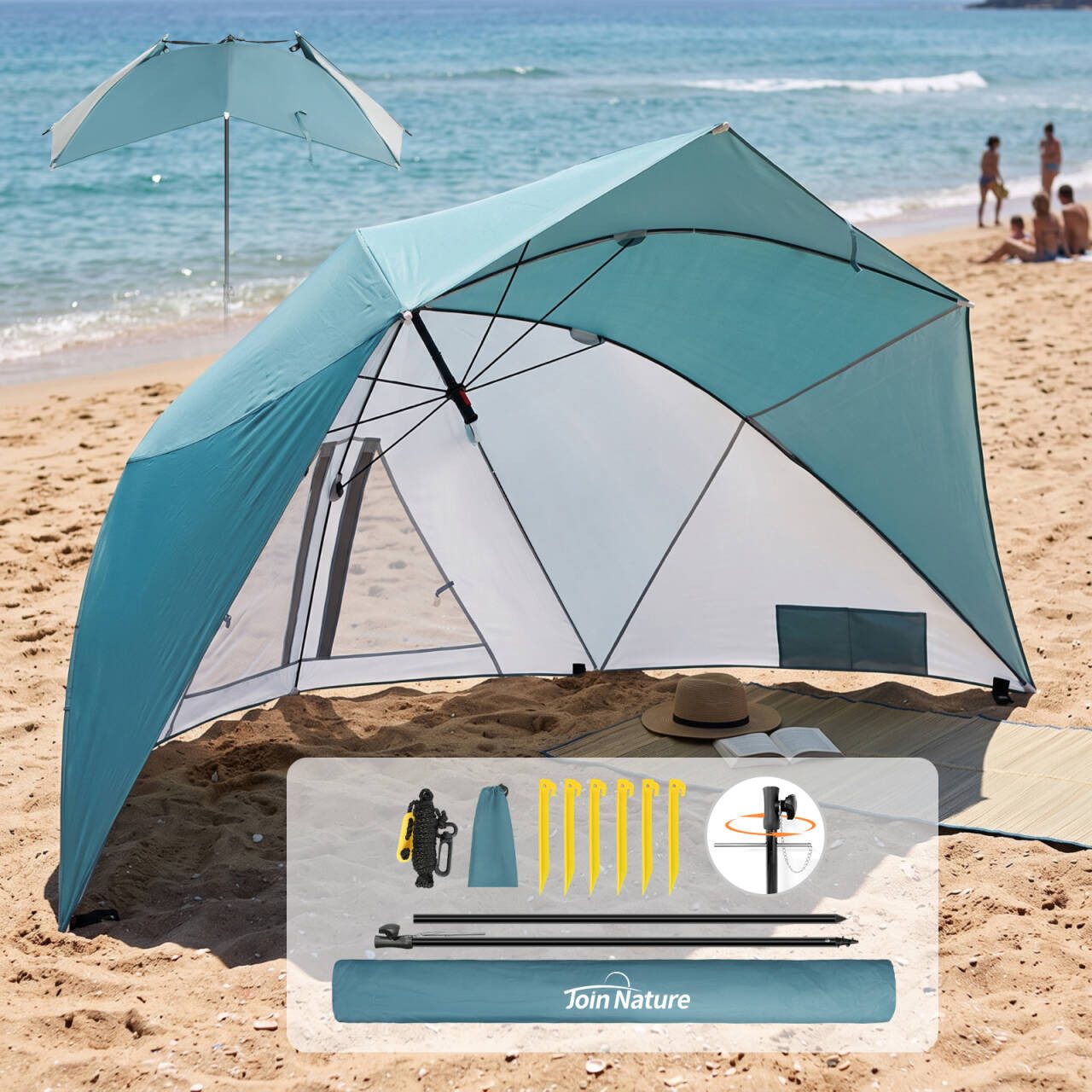 HOMECALL Strandmuschel 2 in 1 Strandschirm Umschaltbar Ø 270cm Sonnenschirm Strand Groß, (mit Fenster - Windschutz Strand, Regendicht, UV50+ Sonnenschutz), Gartenschirm für 2-3 Personen
