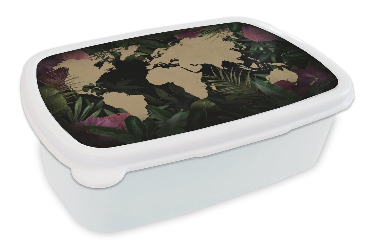 MuchoWow Lunchbox Weltkarte - Blumen - Blätter, Kunststoff, (2-tlg), Brotbox für Kinder und Erwachsene, Brotdose, für Jungs und Mädchen weiß