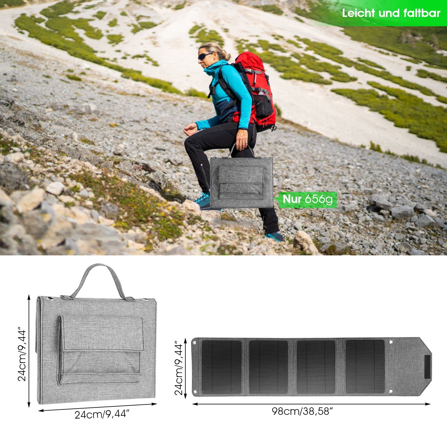 LETGOSPT Solarmodul 50W Camping, Powerbank Solarmodul Ladegerät, Wasserdichte Outdoor Panel für Solar Ladegerät Portable Wandern, Faltbares IP67