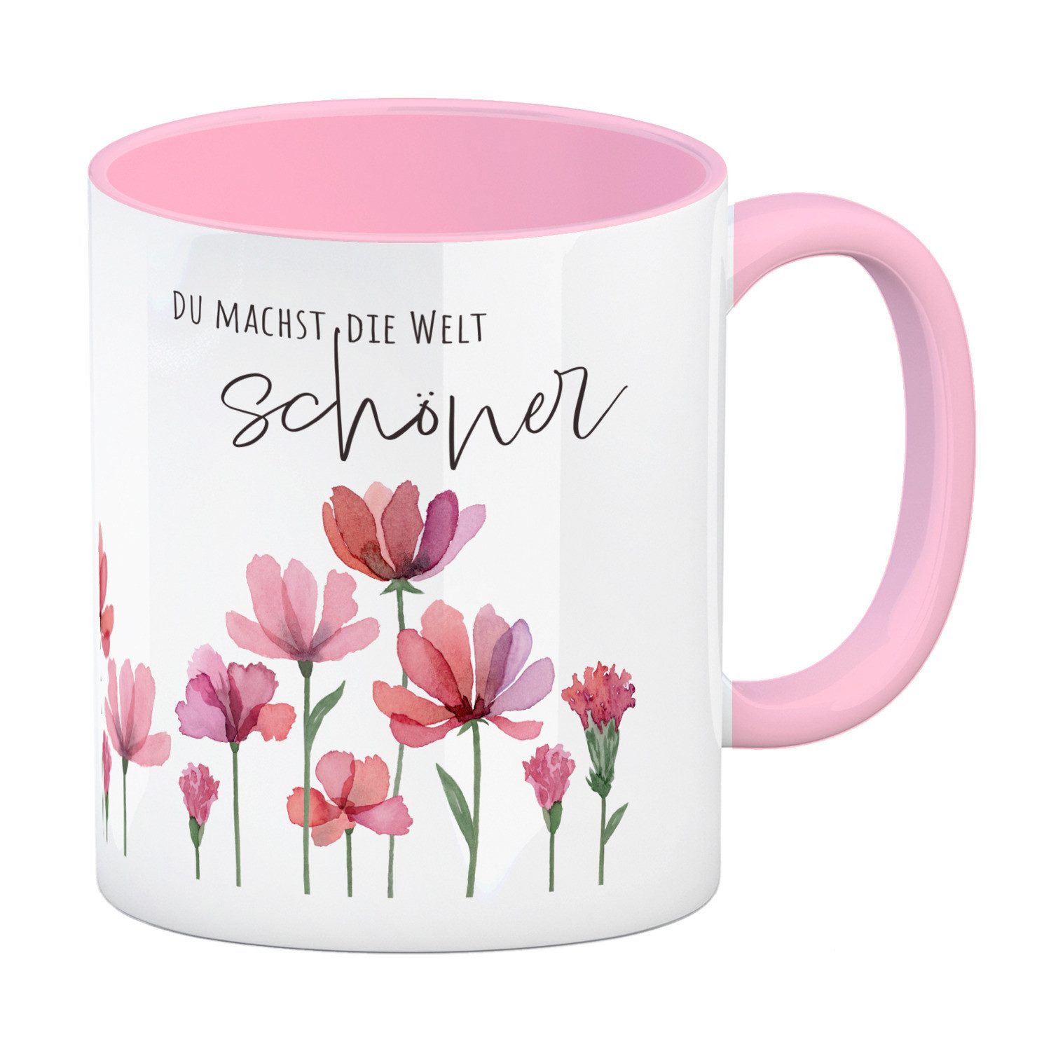 Tasse Aquarell Blumen Kaffeebecher in rosa mit Spruch Du machst die Welt