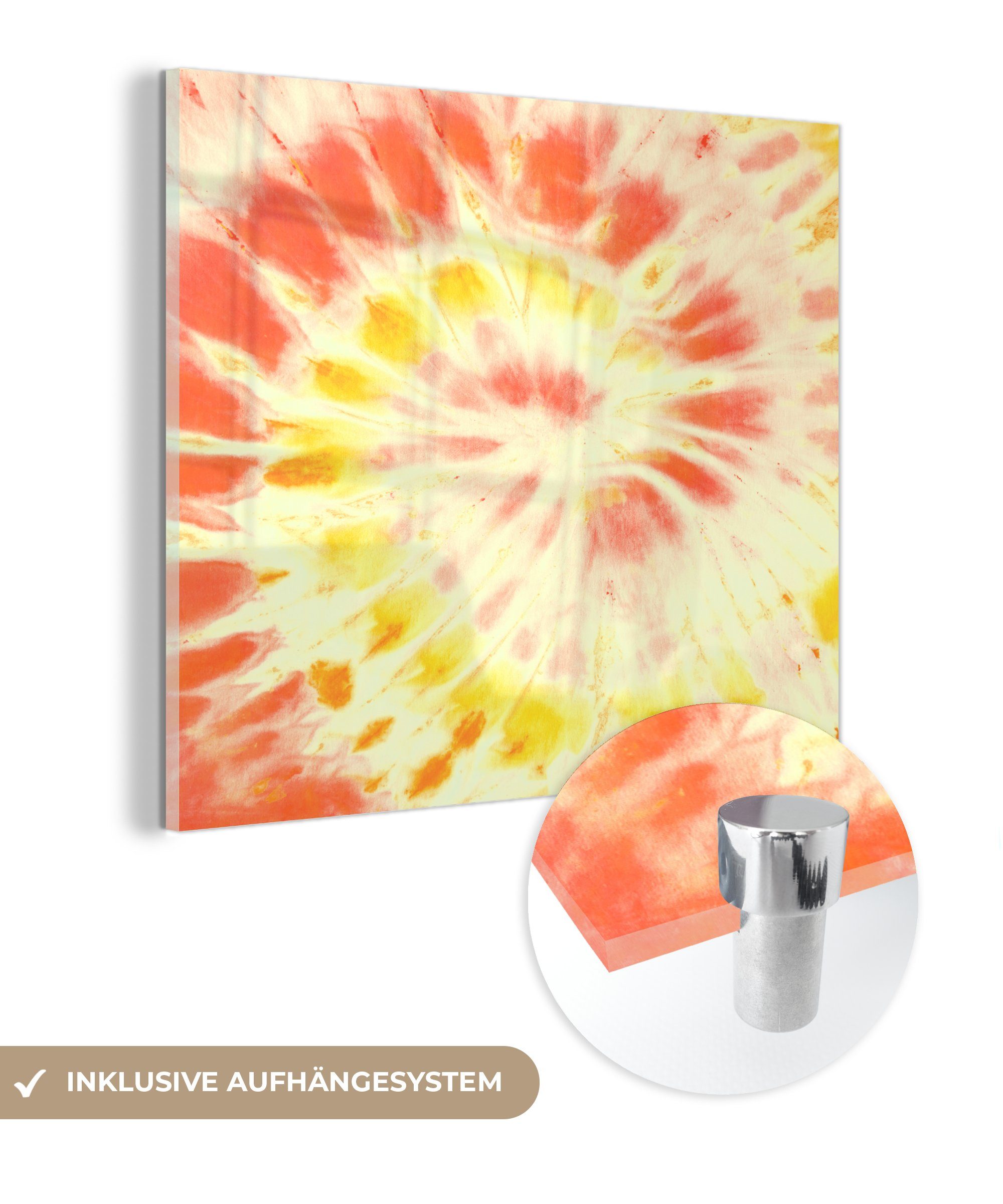 MuchoWow Acrylglasbild Krawattenfärbung - Gelb - Orange, (1 St), Glasbilder - Bilder auf Glas Wandbild - Foto auf Glas - Wanddekoration | Bilder